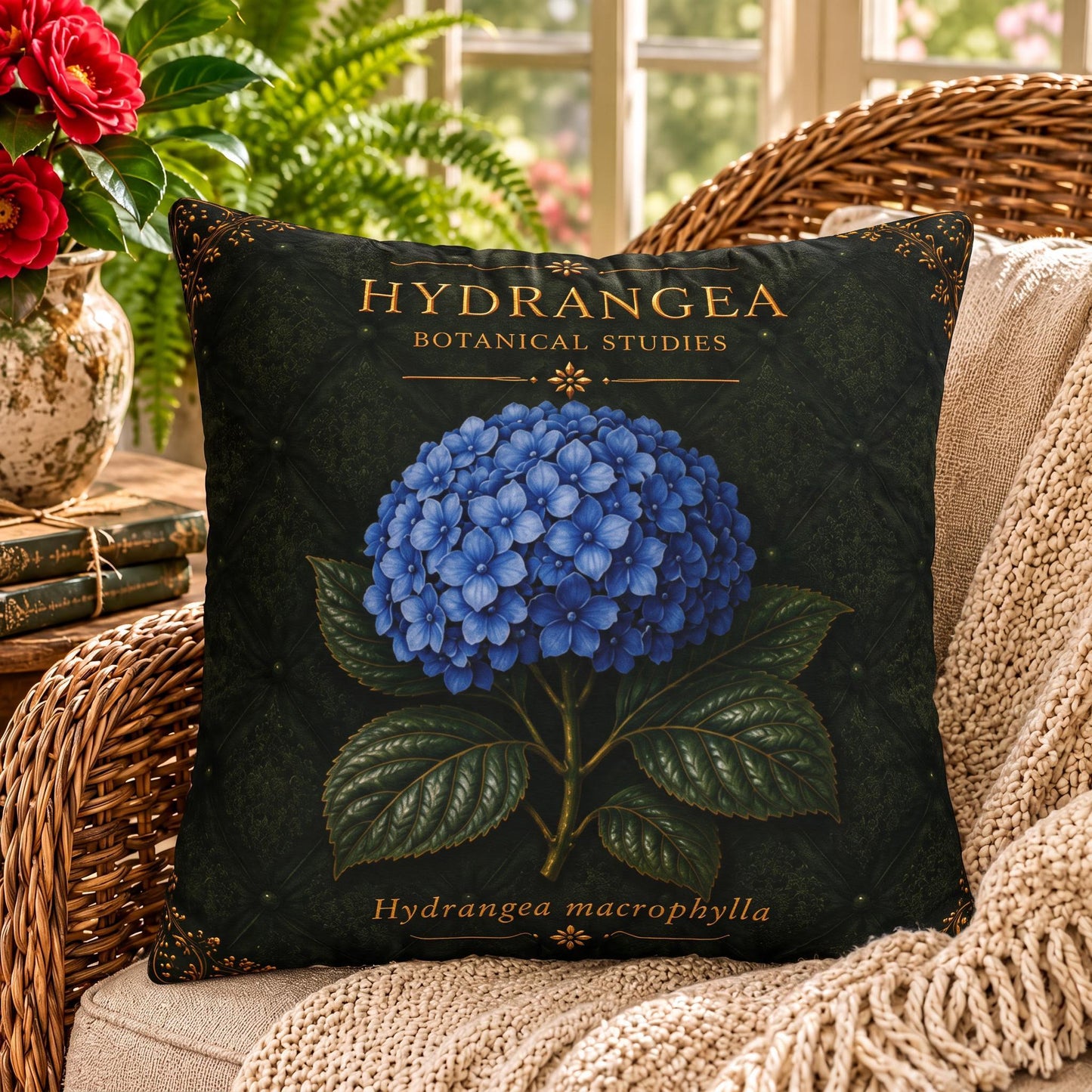 Blue Hydrangea Botanical Pillow, Vintage Floral Throw Pillow, Cottagecore Cushion, Garden Decor, Botanical Home Accent