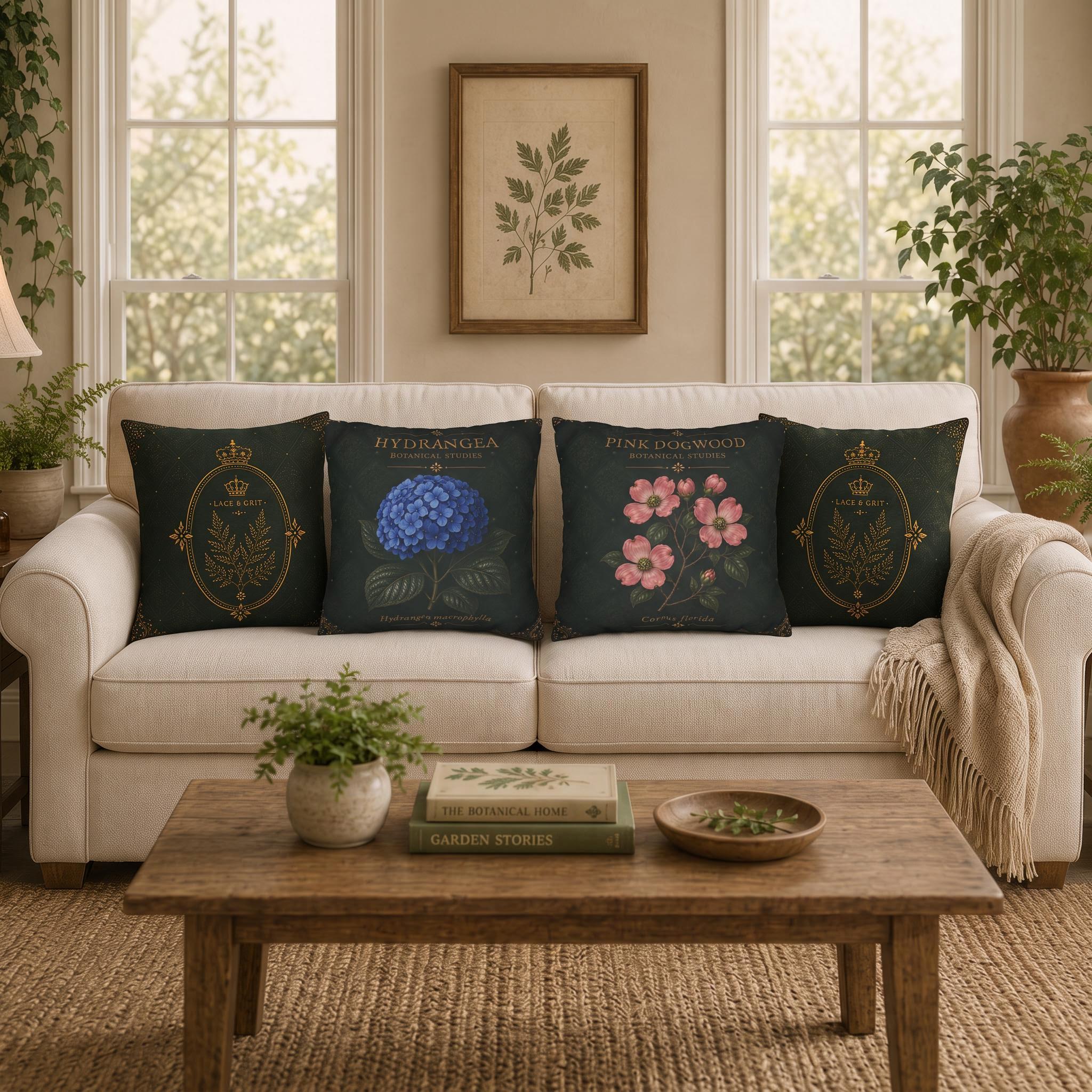 Blue Hydrangea Botanical Pillow, Vintage Floral Throw Pillow, Cottagecore Cushion, Garden Decor, Botanical Home Accent