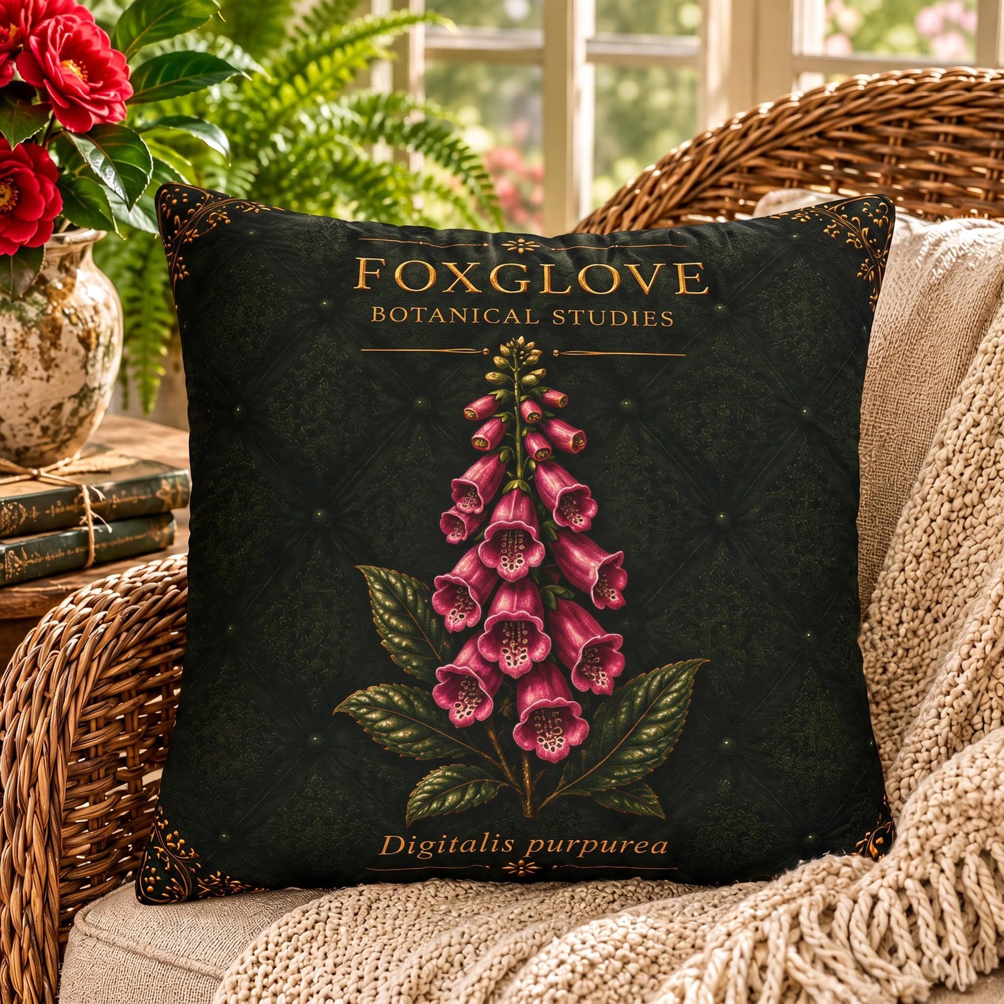 Foxglove Botanical Pillow, Vintage Floral Throw Pillow, Cottagecore Cushion, Garden Decor, Botanical Home Accent