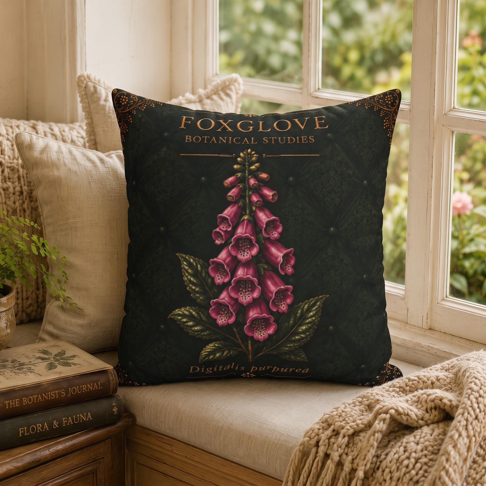 Foxglove Botanical Pillow, Vintage Floral Throw Pillow, Cottagecore Cushion, Garden Decor, Botanical Home Accent
