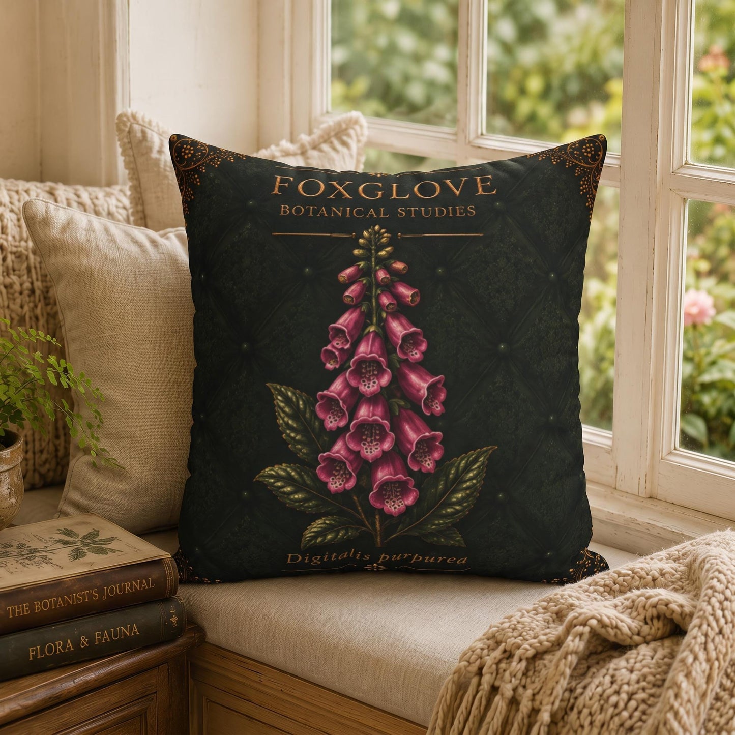 Foxglove Botanical Pillow, Vintage Floral Throw Pillow, Cottagecore Cushion, Garden Decor, Botanical Home Accent