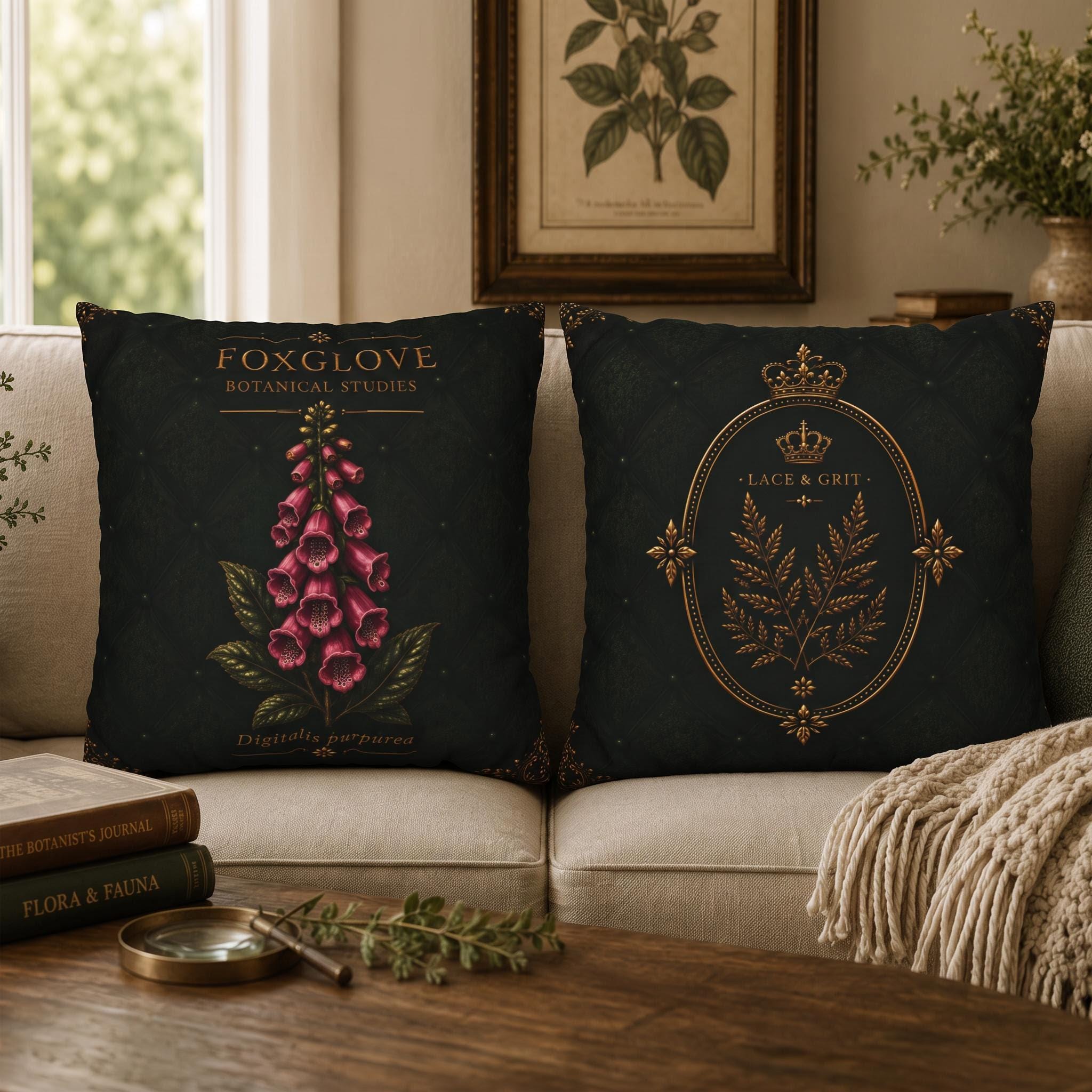 Foxglove Botanical Pillow, Vintage Floral Throw Pillow, Cottagecore Cushion, Garden Decor, Botanical Home Accent