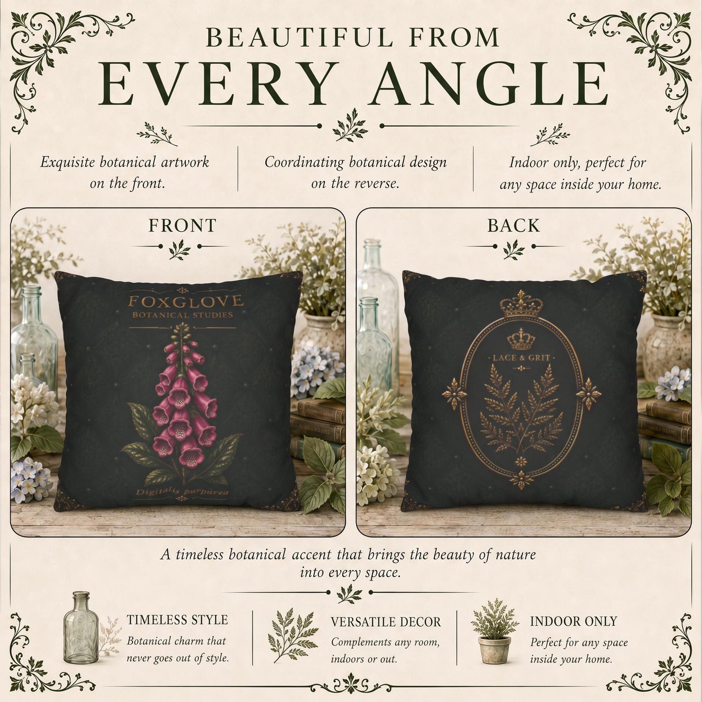 Foxglove Botanical Pillow, Vintage Floral Throw Pillow, Cottagecore Cushion, Garden Decor, Botanical Home Accent