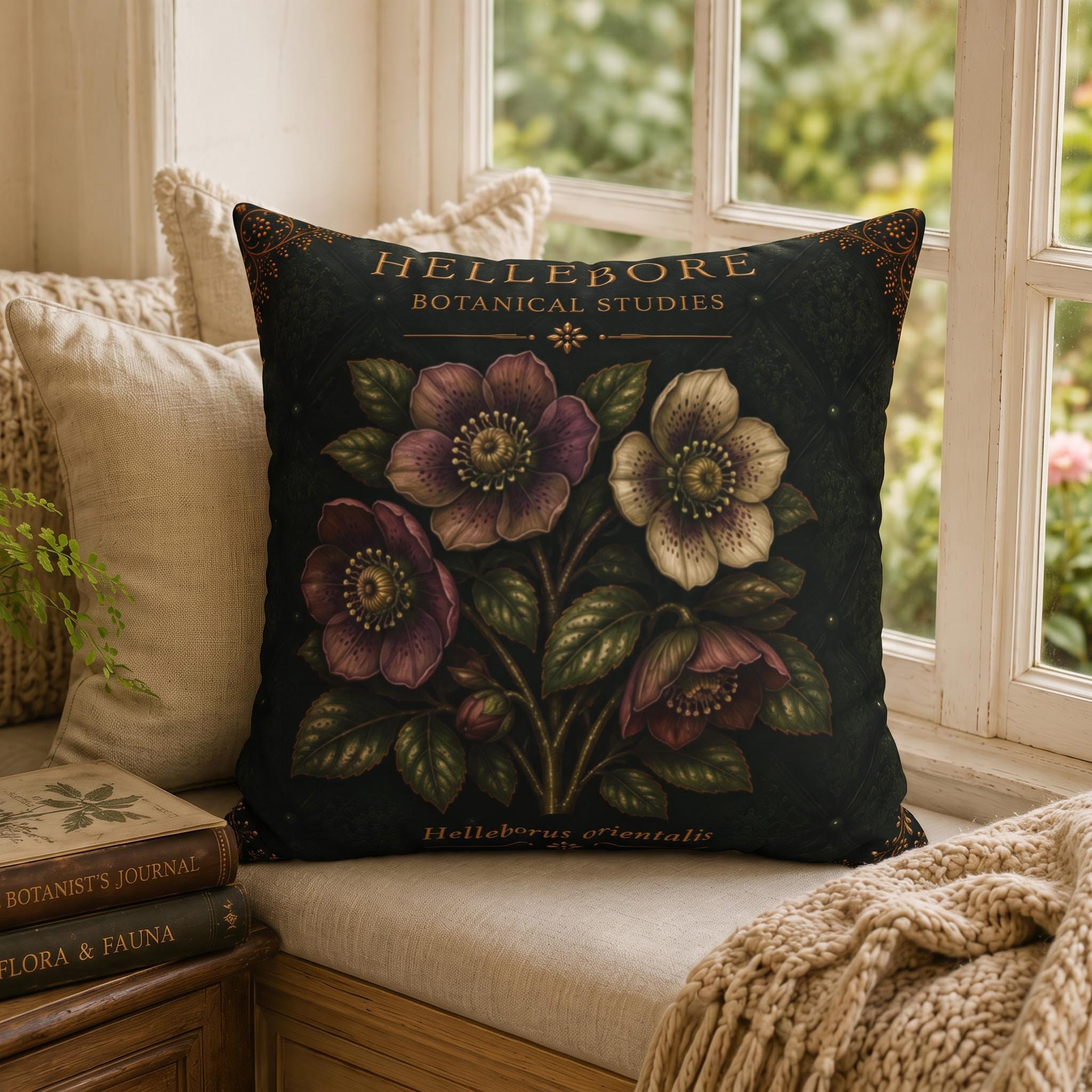Hellebore Botanical Pillow, Vintage Floral Throw Pillow, Cottagecore Cushion, Garden Decor, Botanical Home Accent