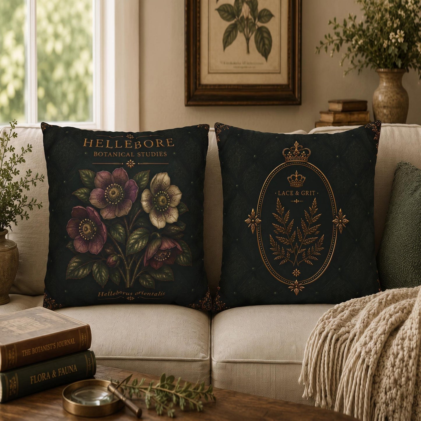 Hellebore Botanical Pillow, Vintage Floral Throw Pillow, Cottagecore Cushion, Garden Decor, Botanical Home Accent