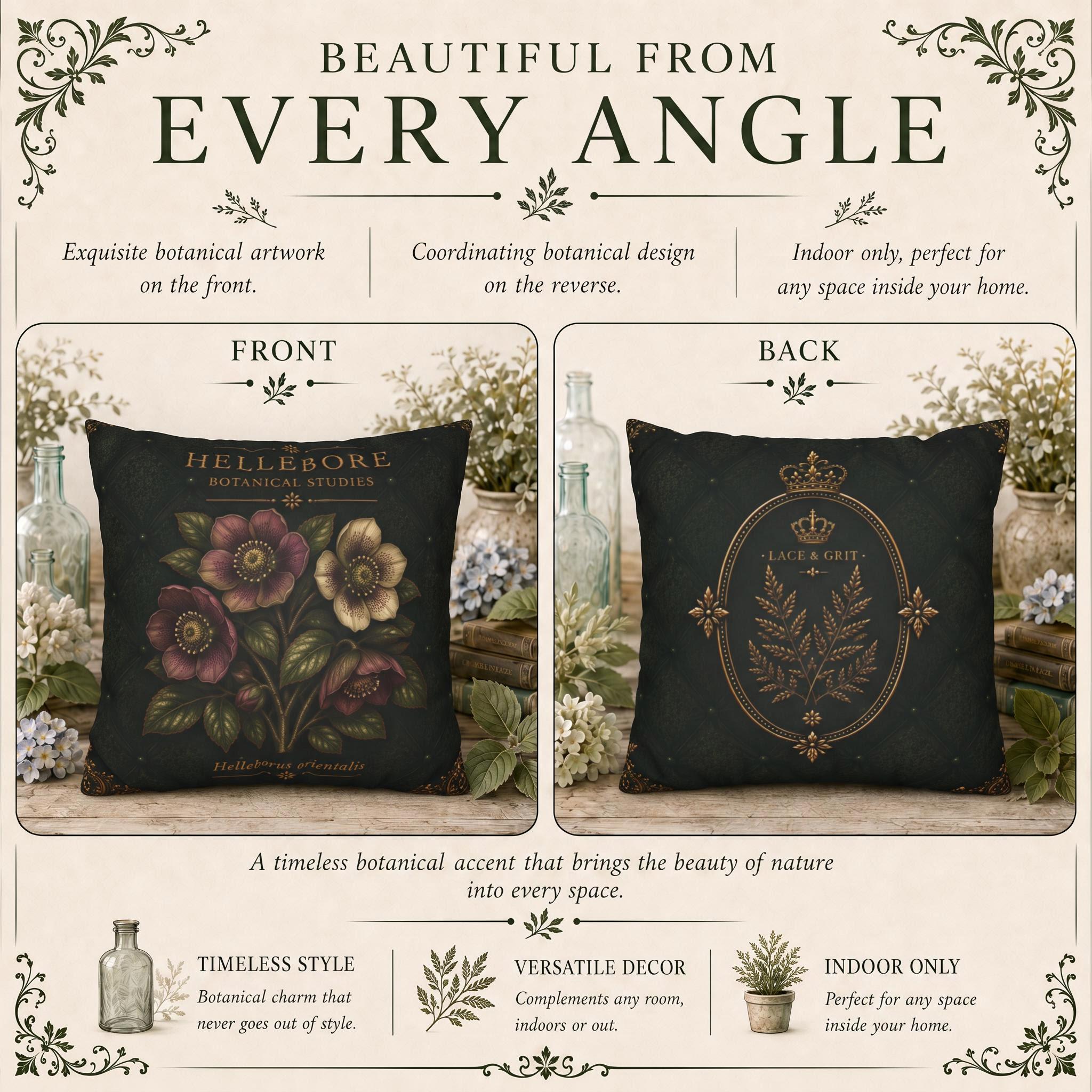 Hellebore Botanical Pillow, Vintage Floral Throw Pillow, Cottagecore Cushion, Garden Decor, Botanical Home Accent
