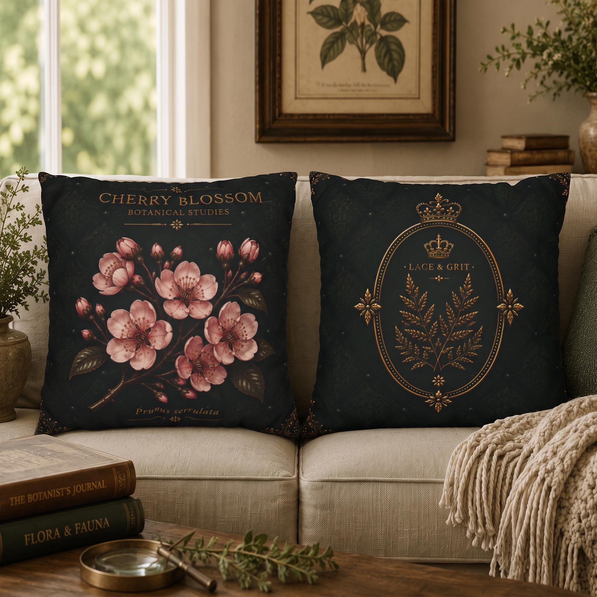 Cherry Blossom Botanical Pillow, Vintage Floral Throw Pillow, Cottagecore Cushion, Spring Garden Decor, Botanical Home Accent