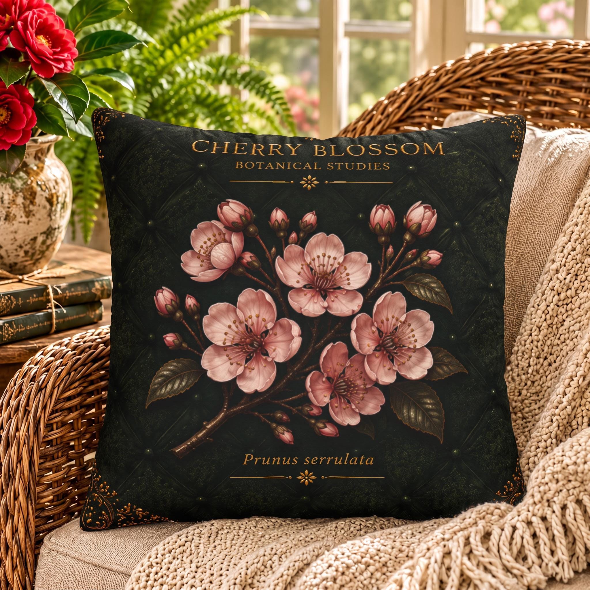 Cherry Blossom Botanical Pillow, Vintage Floral Throw Pillow, Cottagecore Cushion, Spring Garden Decor, Botanical Home Accent