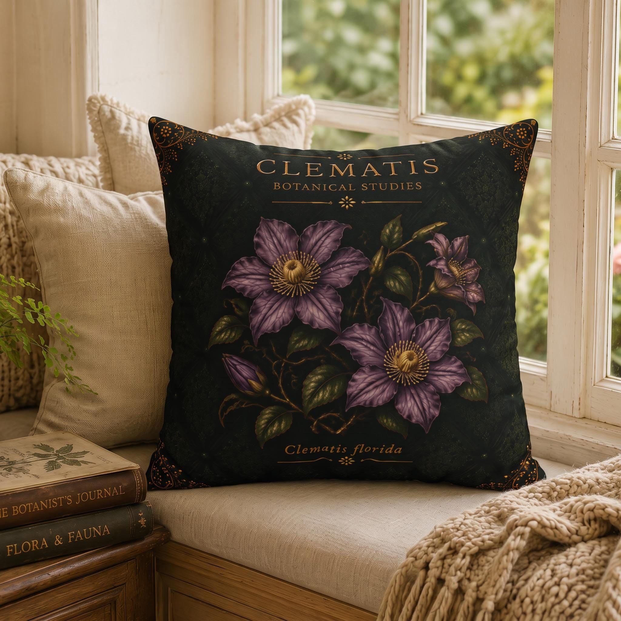 Clematis Botanical Studies Faux Suede Pillow, Vintage Floral Home Decor (Cover or Insert)