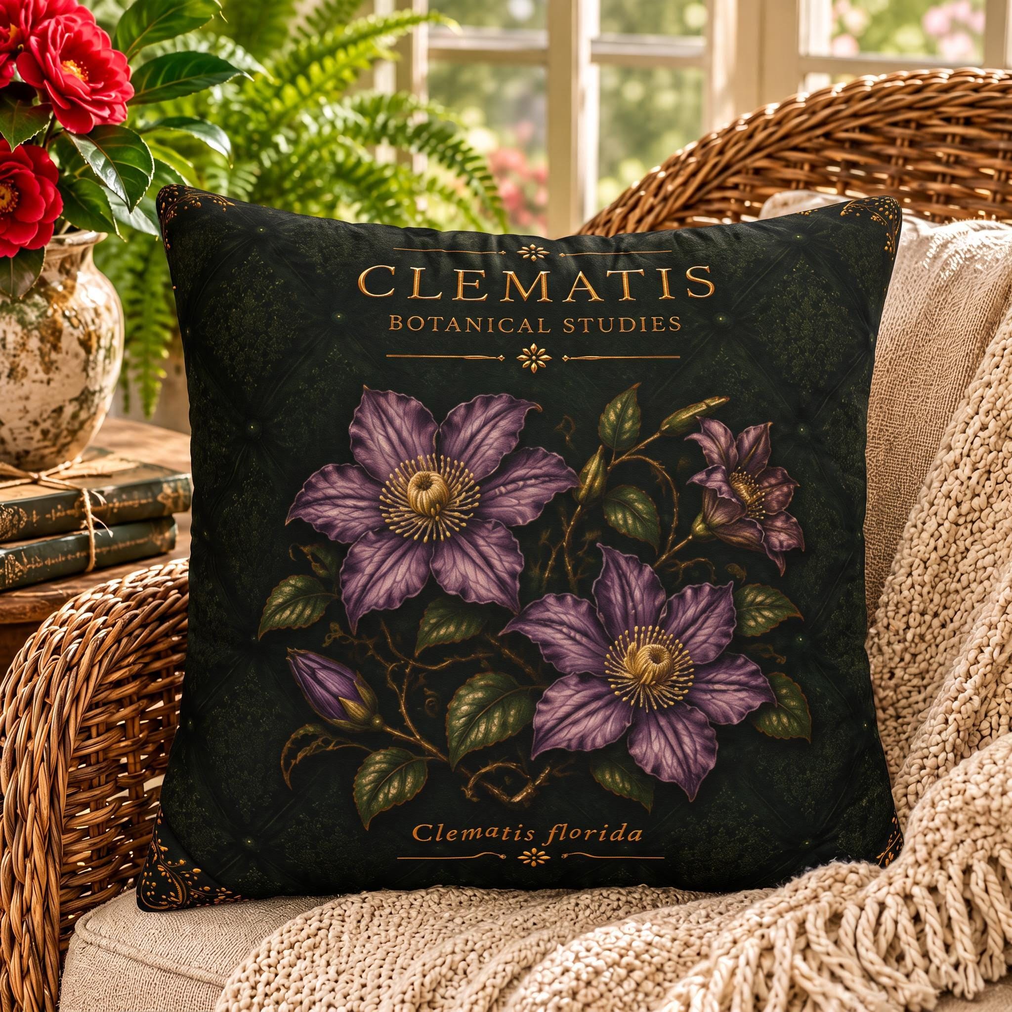 Clematis Botanical Studies Faux Suede Pillow, Vintage Floral Home Decor (Cover or Insert)