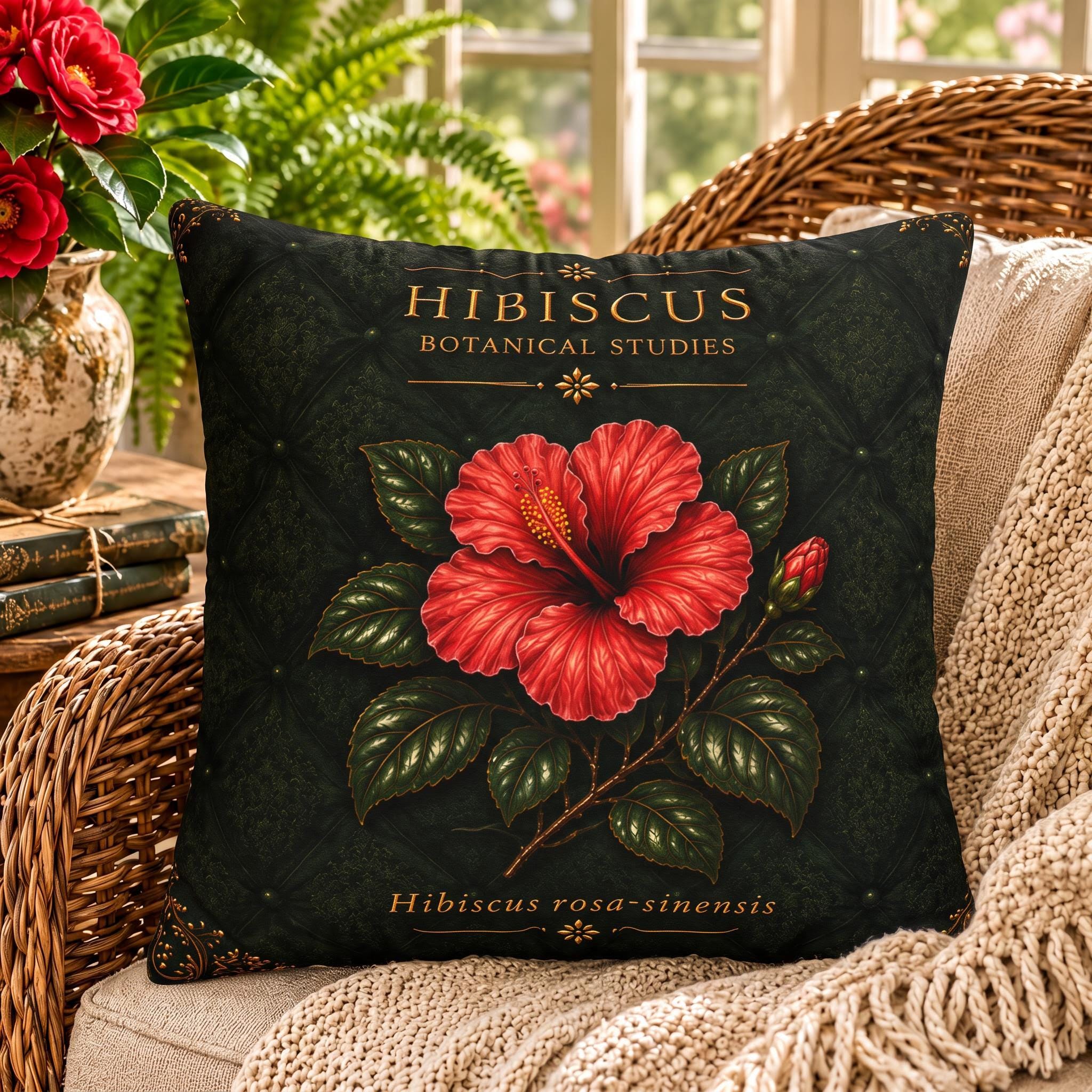 Hibiscus Botanical Studies Faux Suede Pillow, Vintage Floral Home Decor (Cover or Insert)