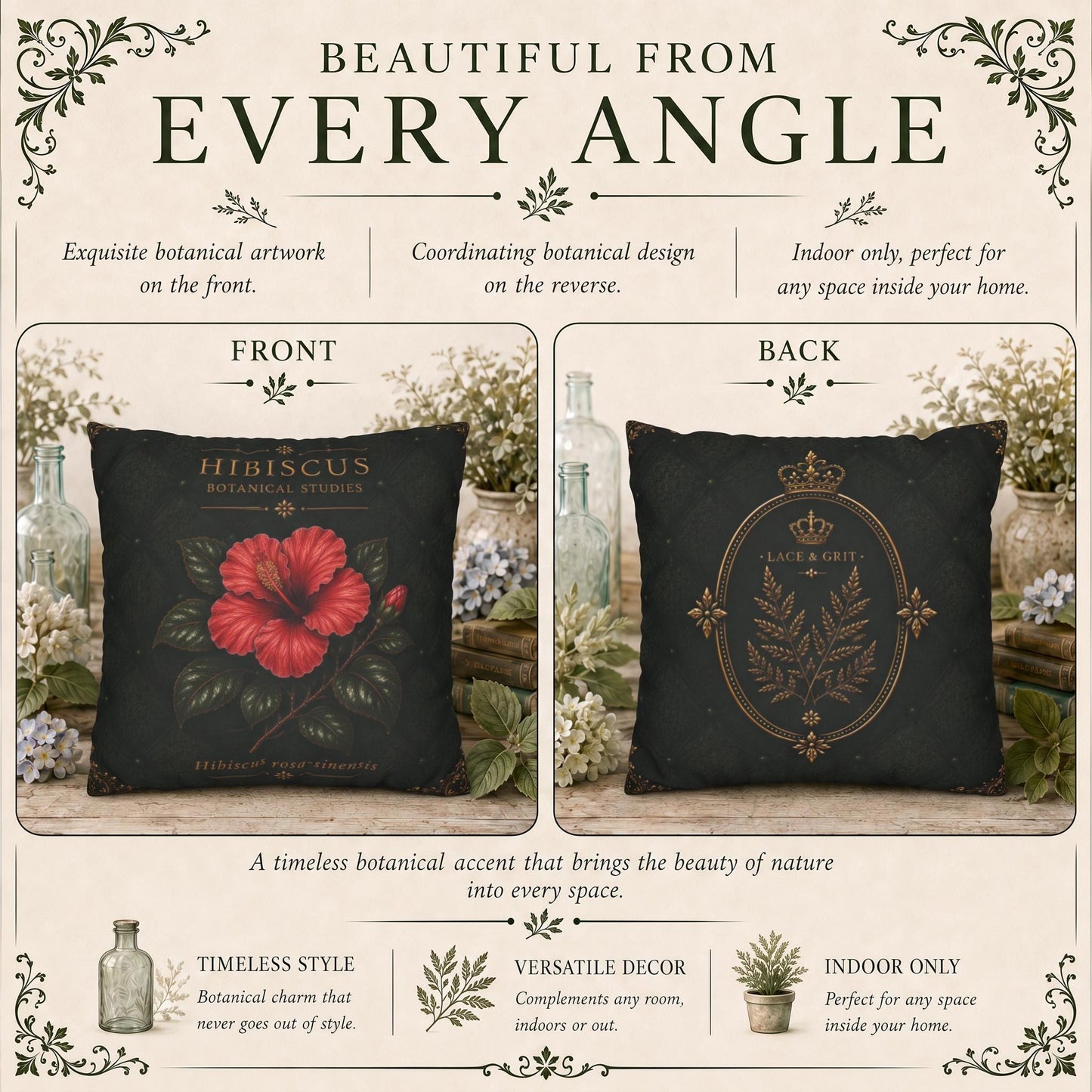 Hibiscus Botanical Studies Faux Suede Pillow, Vintage Floral Home Decor (Cover or Insert)