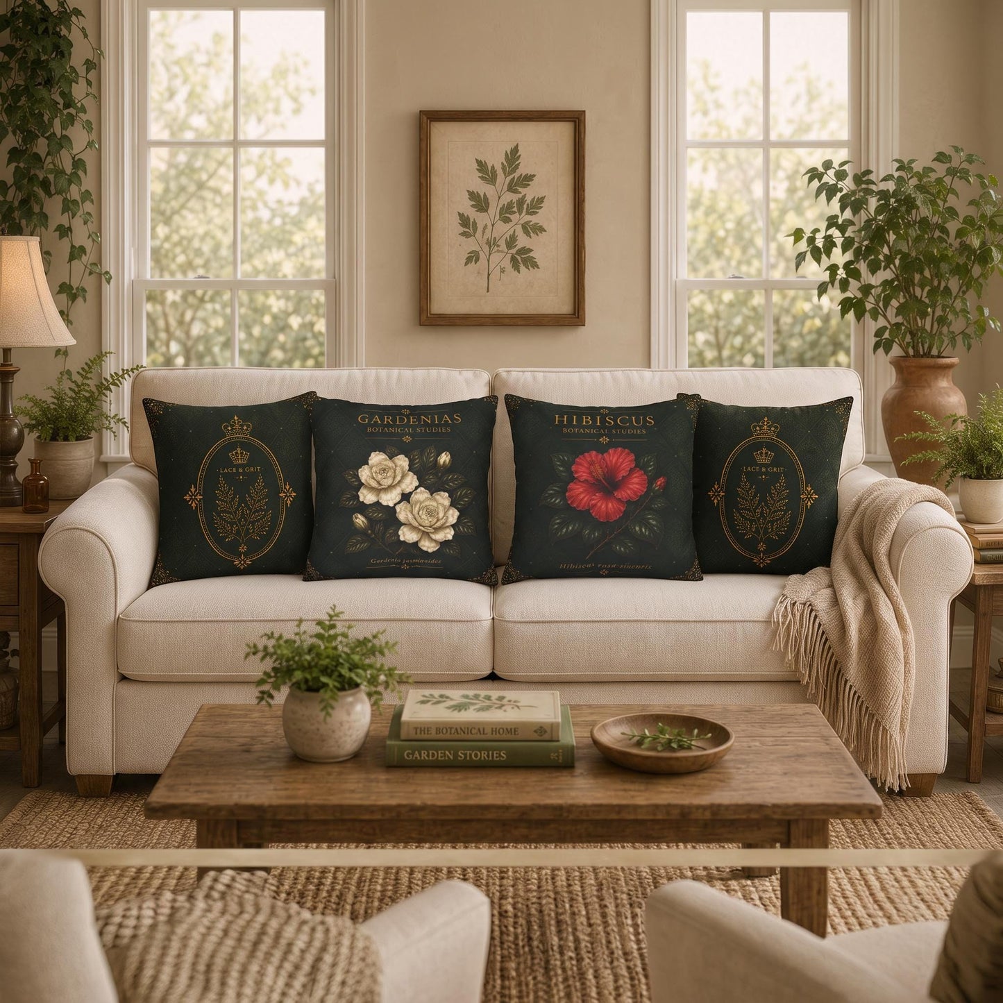 Hibiscus Botanical Studies Faux Suede Pillow, Vintage Floral Home Decor (Cover or Insert)