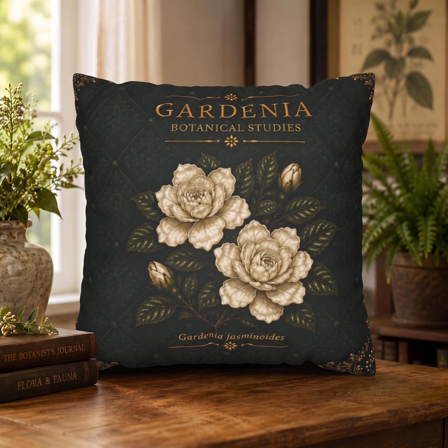 Gardenia Botanical Studies Faux Suede Pillow, Vintage Floral Home Decor (Cover or Insert)
