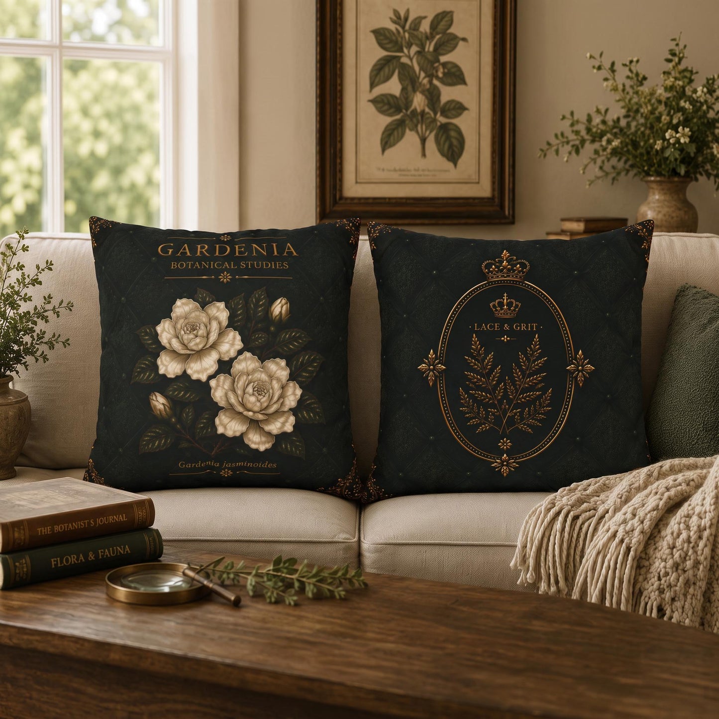 Gardenia Botanical Studies Faux Suede Pillow, Vintage Floral Home Decor (Cover or Insert)