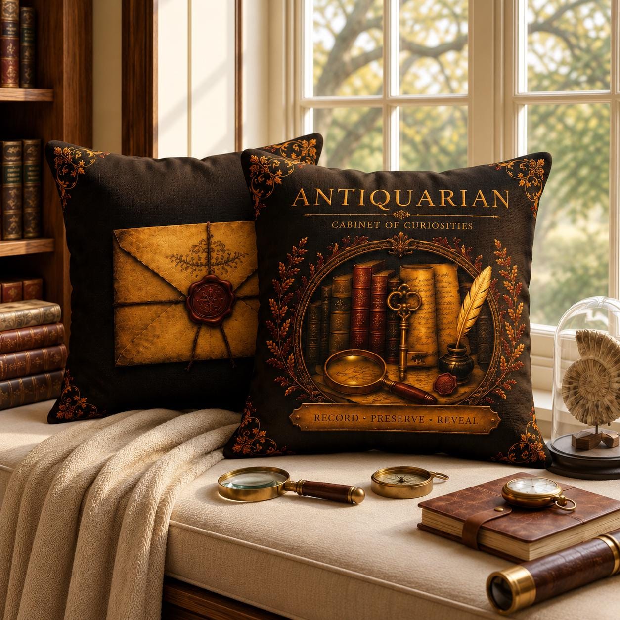 Antiquarian Cabinet of Curiosities Pillow, Dark Academia Throw Pillow, Library Decor Cushion, Museum Style Home Accent