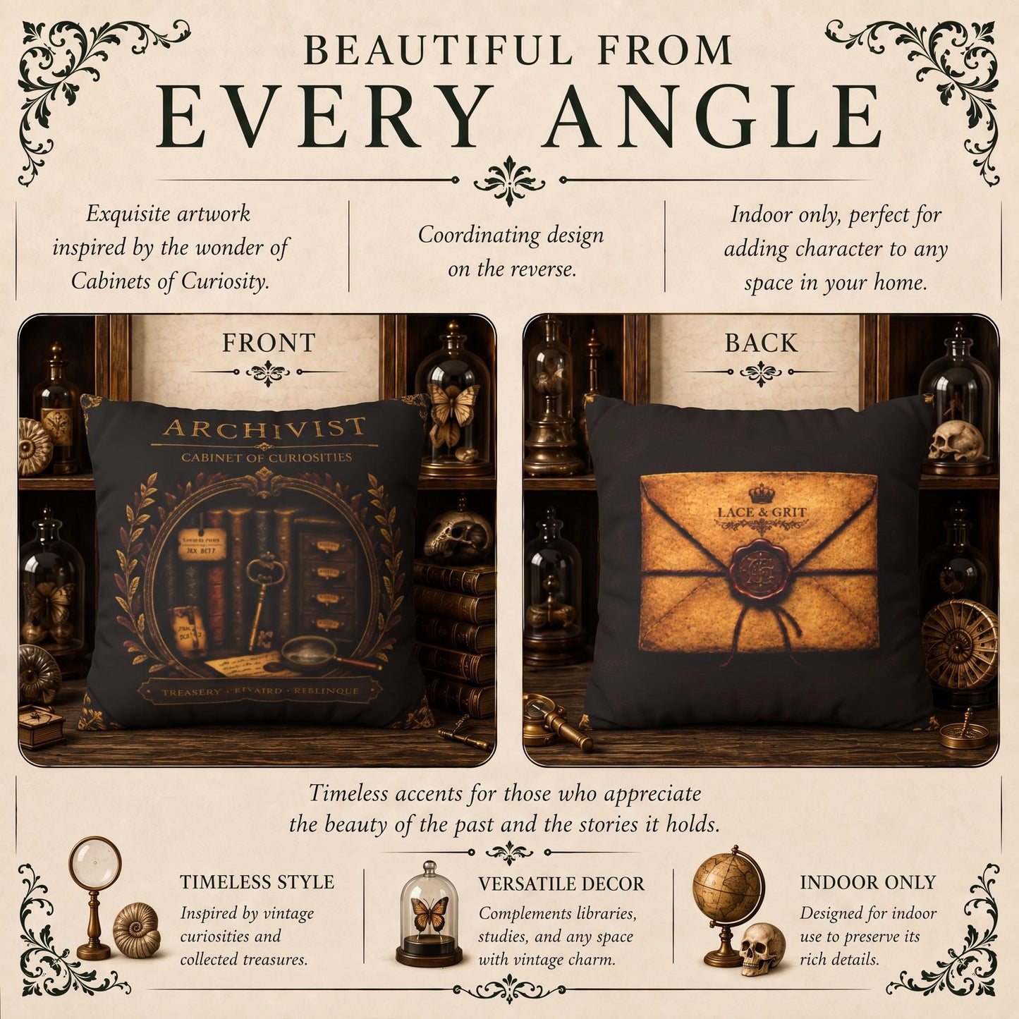 Archivist Cabinet of Curiosities Faux Suede Pillow, Vintage Curio Home Decor (Cover or Insert)