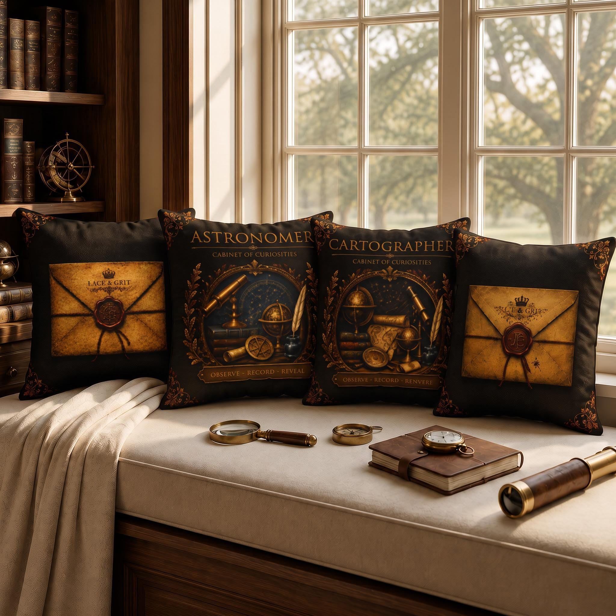 Astronomer Cabinet of Curiosities Pillow, Dark Academia Throw Pillow, Library Decor Cushion, Museum Style Home Accent