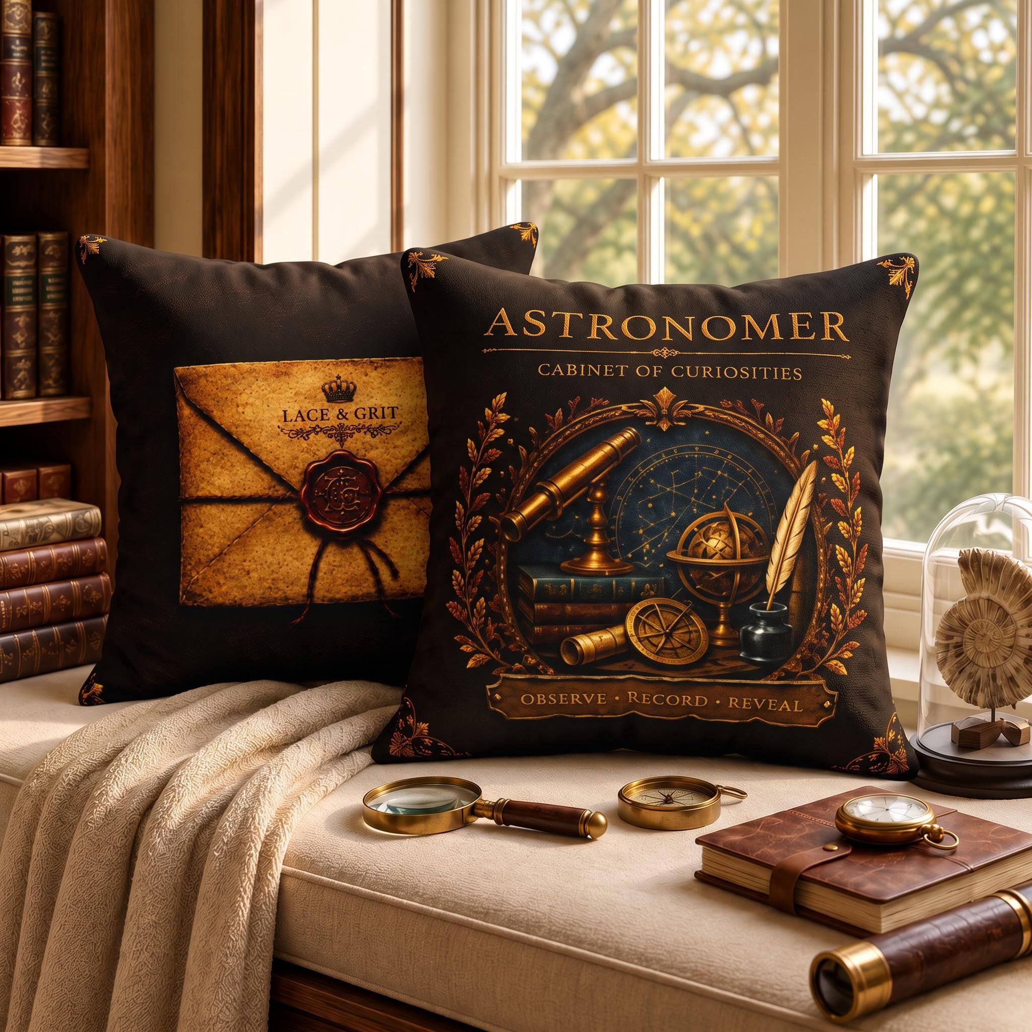 Astronomer Cabinet of Curiosities Pillow, Dark Academia Throw Pillow, Library Decor Cushion, Museum Style Home Accent