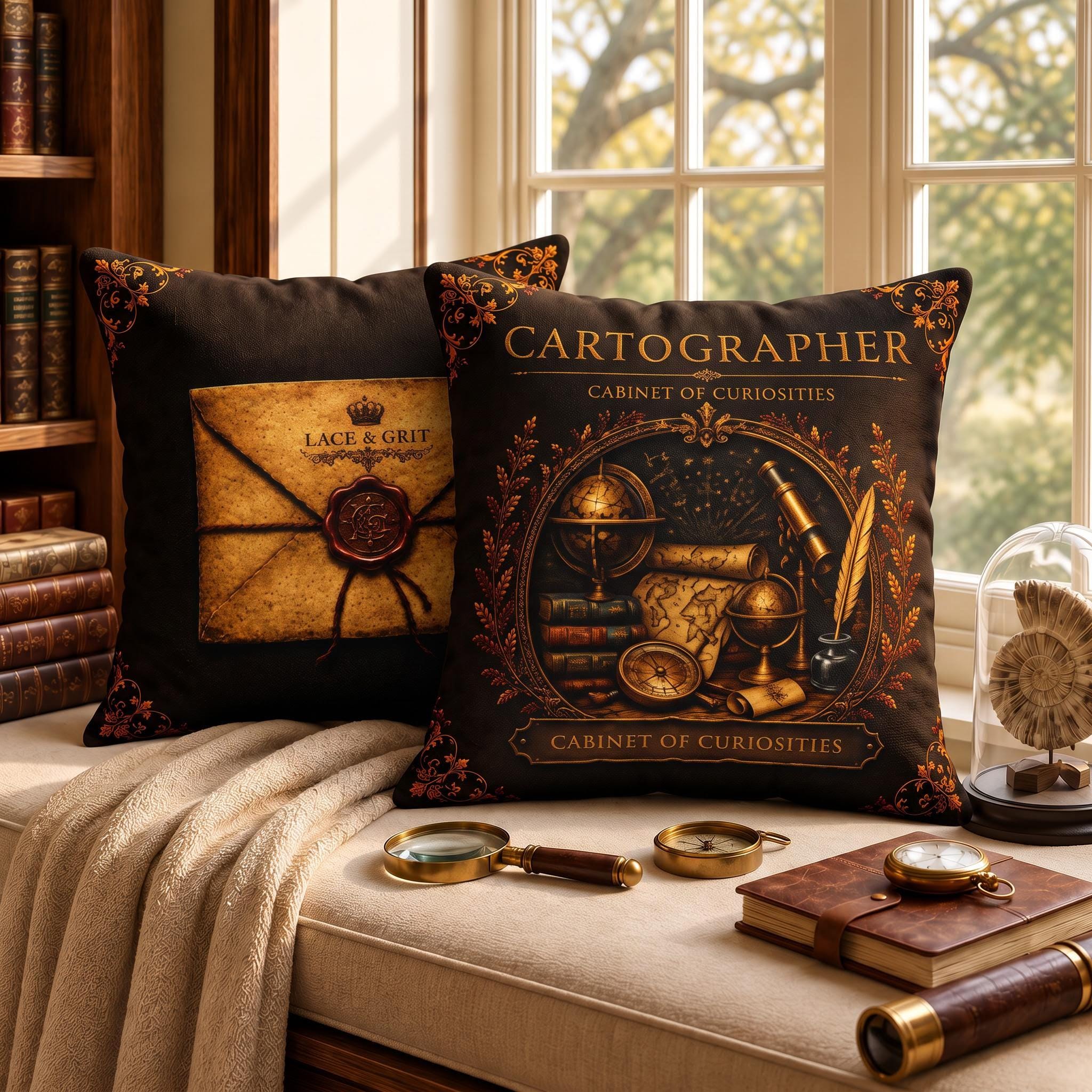 Cartographer Cabinet of Curiosities Pillow, Dark Academia Throw Pillow, Library Decor Cushion, Museum Style Home Accent