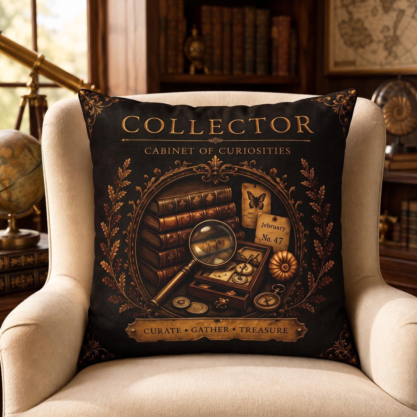 Collector Cabinet of Curiosities Pillow, Dark Academia Throw Pillow, Library Decor Cushion, Museum Style Home Accent