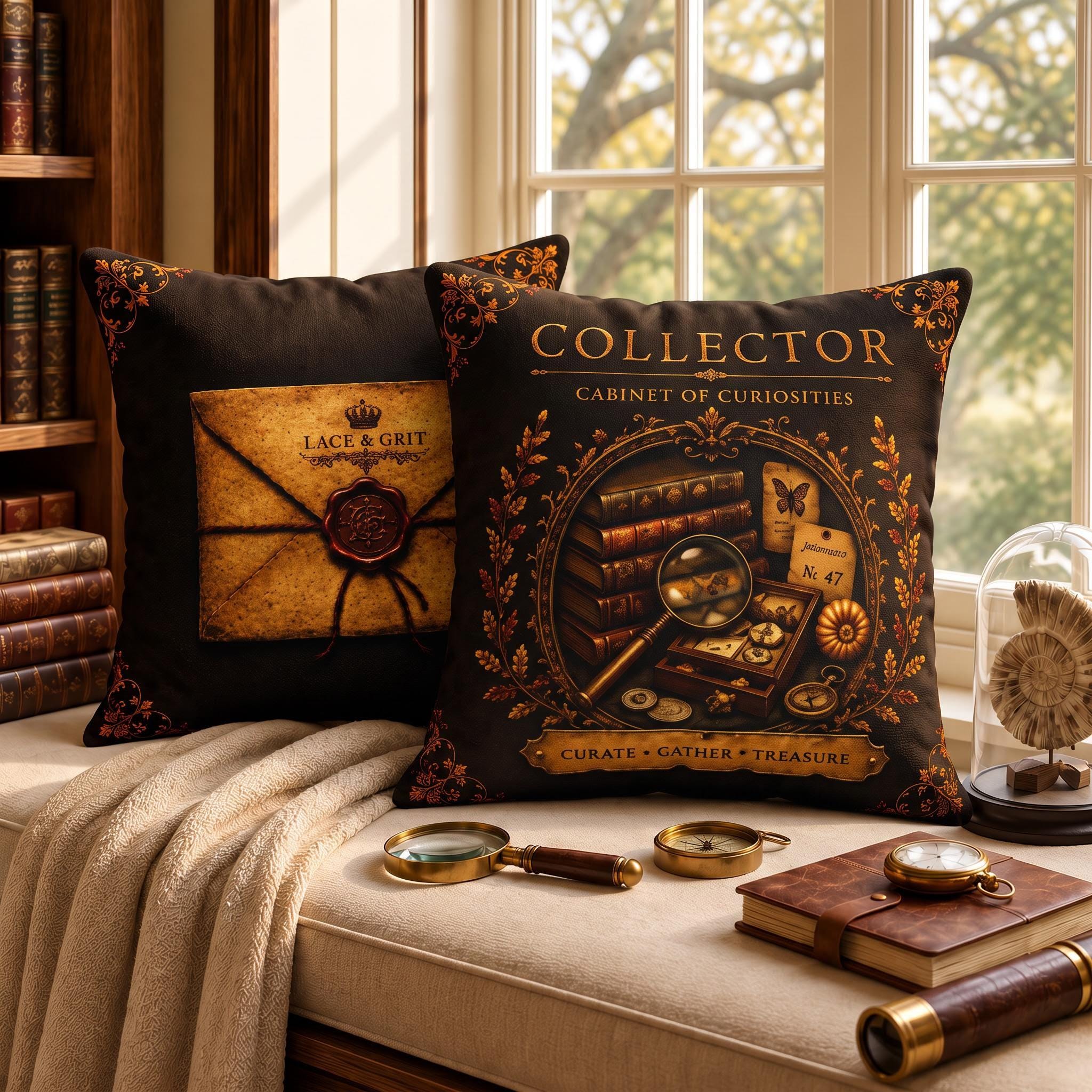 Collector Cabinet of Curiosities Pillow, Dark Academia Throw Pillow, Library Decor Cushion, Museum Style Home Accent