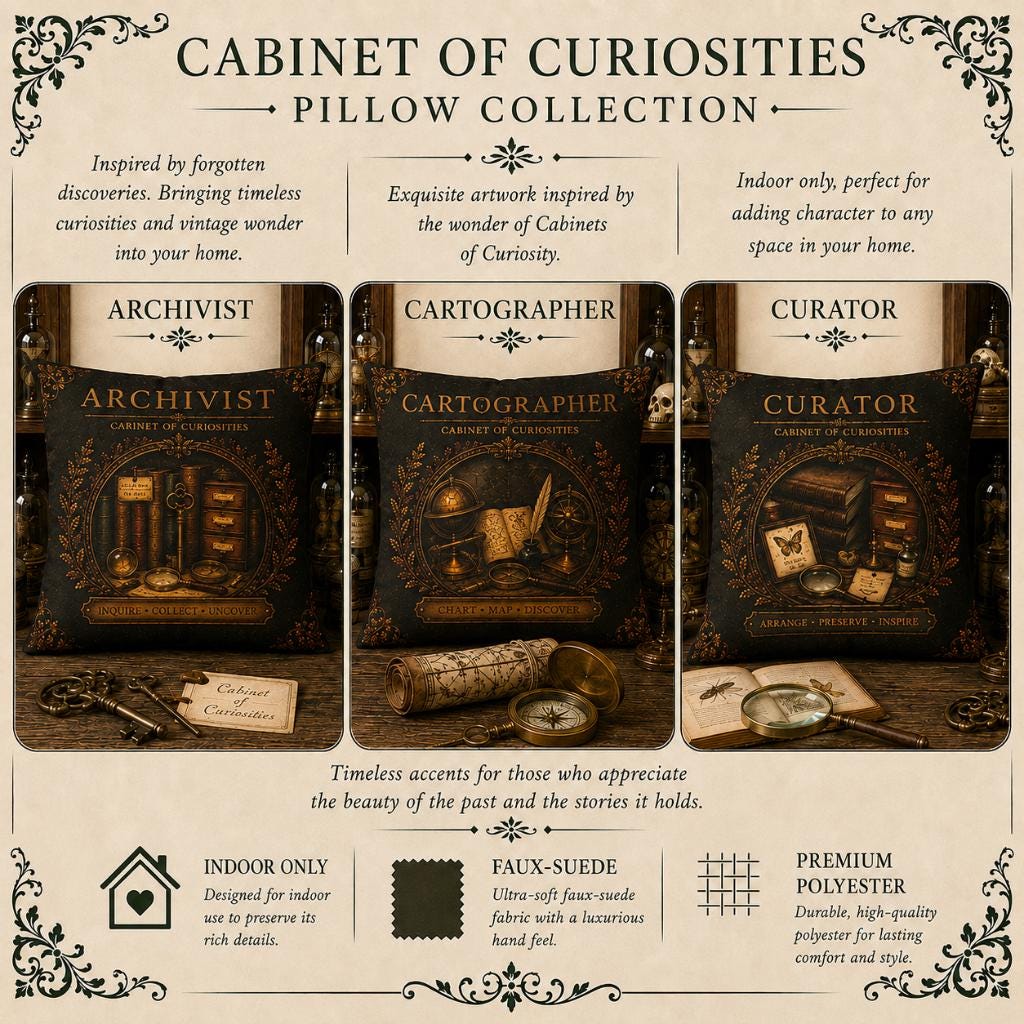 Archivist Cabinet of Curiosities Faux Suede Pillow, Vintage Curio Home Decor (Cover or Insert)