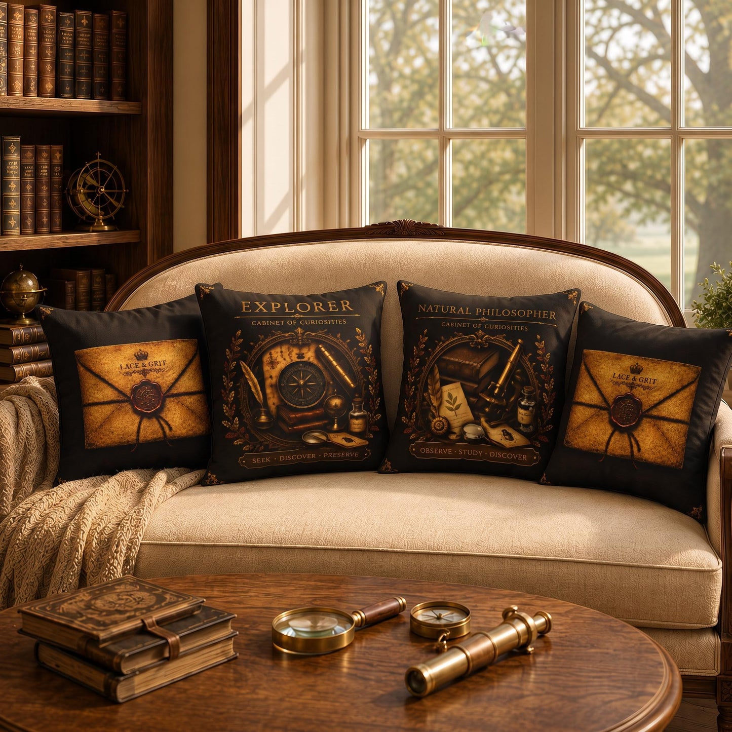 Explorer Cabinet of Curiosities Pillow, Dark Academia Throw Pillow, Library Decor Cushion, Museum Style Home Accent