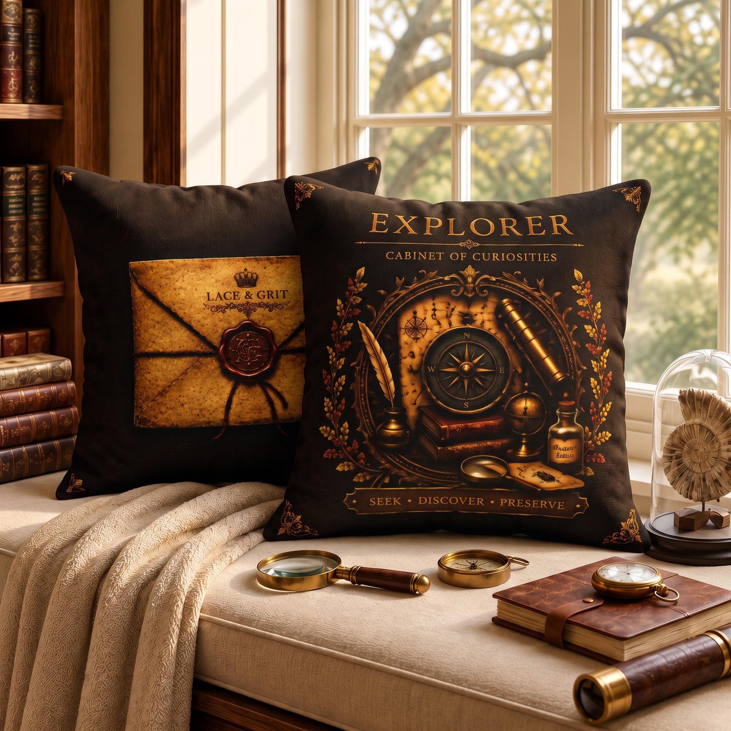 Explorer Cabinet of Curiosities Pillow, Dark Academia Throw Pillow, Library Decor Cushion, Museum Style Home Accent