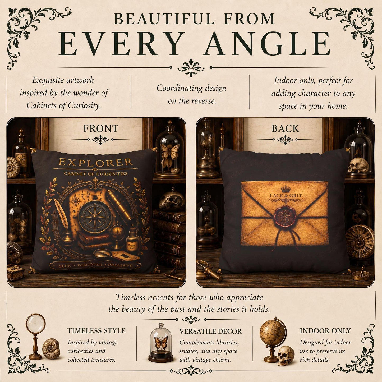 Explorer Cabinet of Curiosities Pillow, Dark Academia Throw Pillow, Library Decor Cushion, Museum Style Home Accent