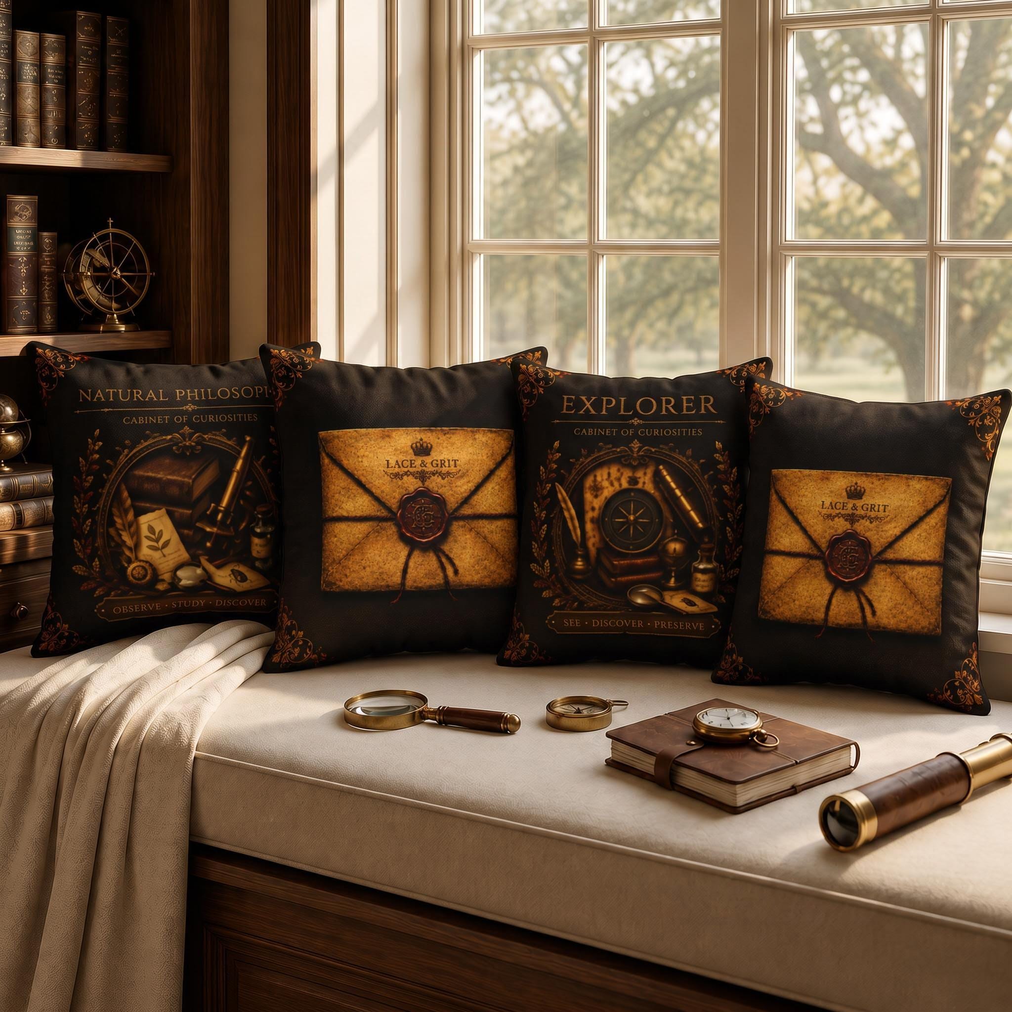 Natural Philosopher Cabinet of Curiosities Pillow, Dark Academia Throw Pillow, Library Decor Cushion, Museum Style Home Accent