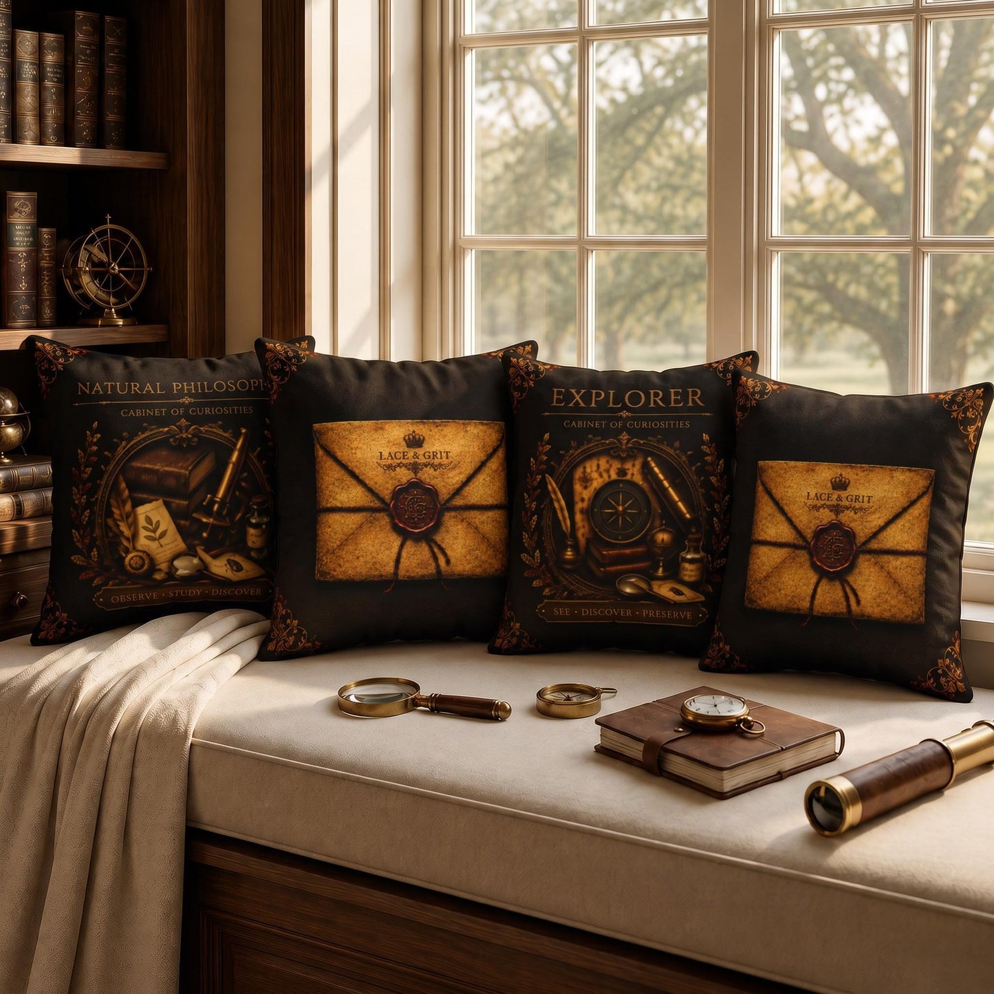 Natural Philosopher Cabinet of Curiosities Pillow, Dark Academia Throw Pillow, Library Decor Cushion, Museum Style Home Accent