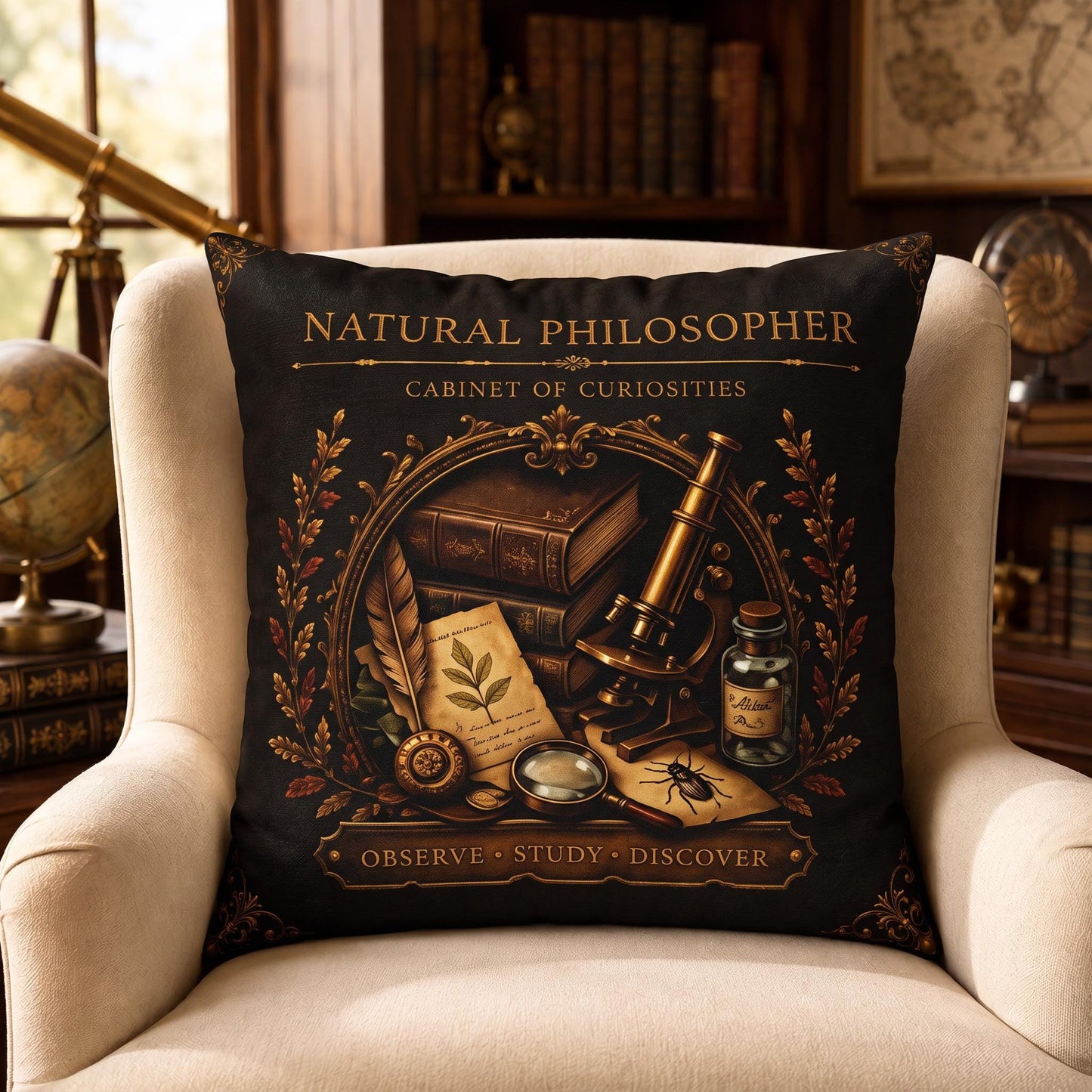 Natural Philosopher Cabinet of Curiosities Pillow, Dark Academia Throw Pillow, Library Decor Cushion, Museum Style Home Accent
