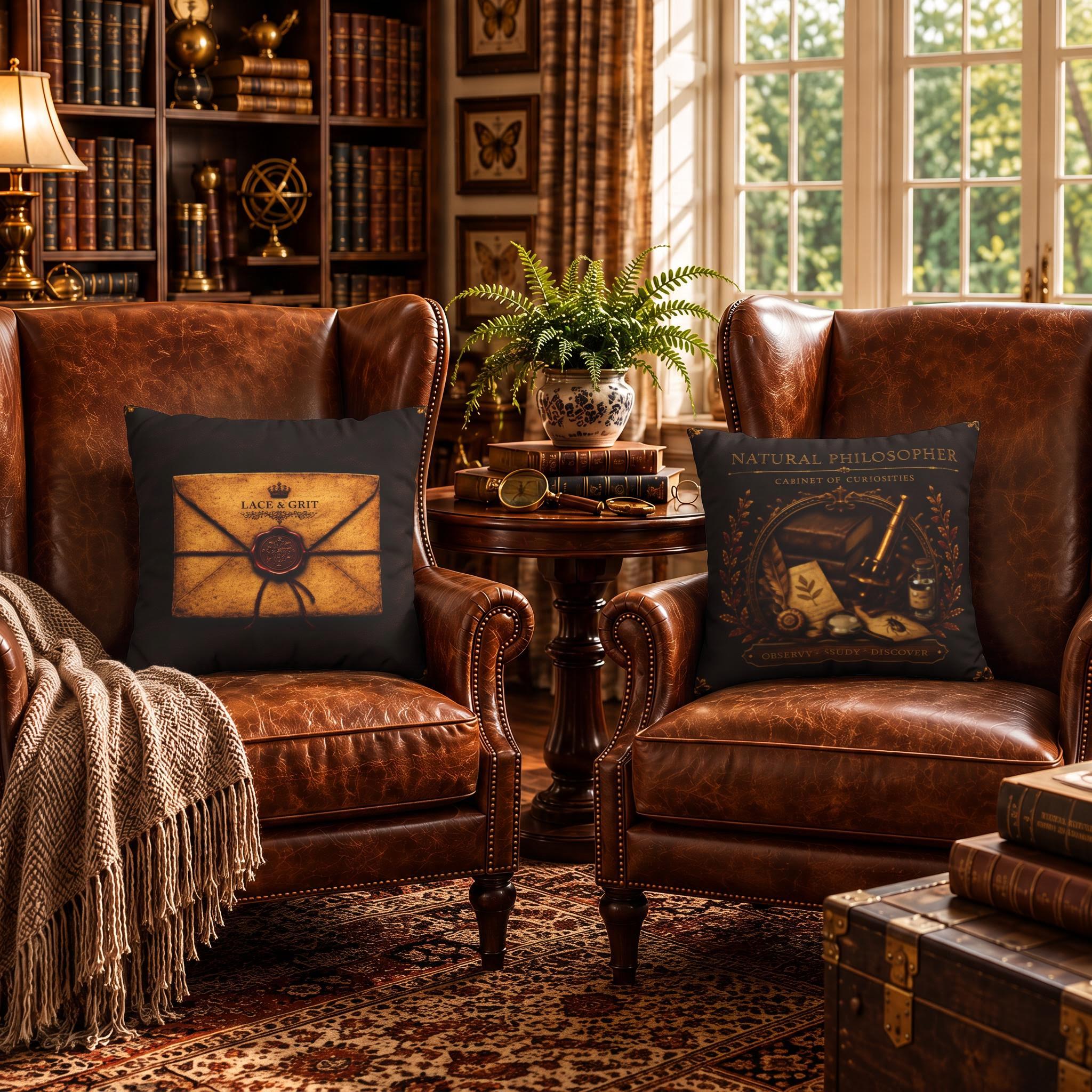 Natural Philosopher Cabinet of Curiosities Pillow, Dark Academia Throw Pillow, Library Decor Cushion, Museum Style Home Accent