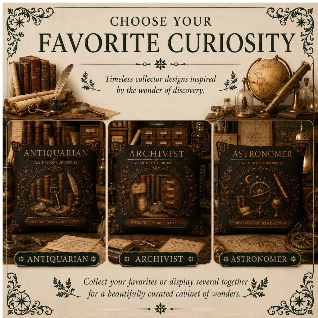 Natural Philosopher Cabinet of Curiosities Pillow, Dark Academia Throw Pillow, Library Decor Cushion, Museum Style Home Accent