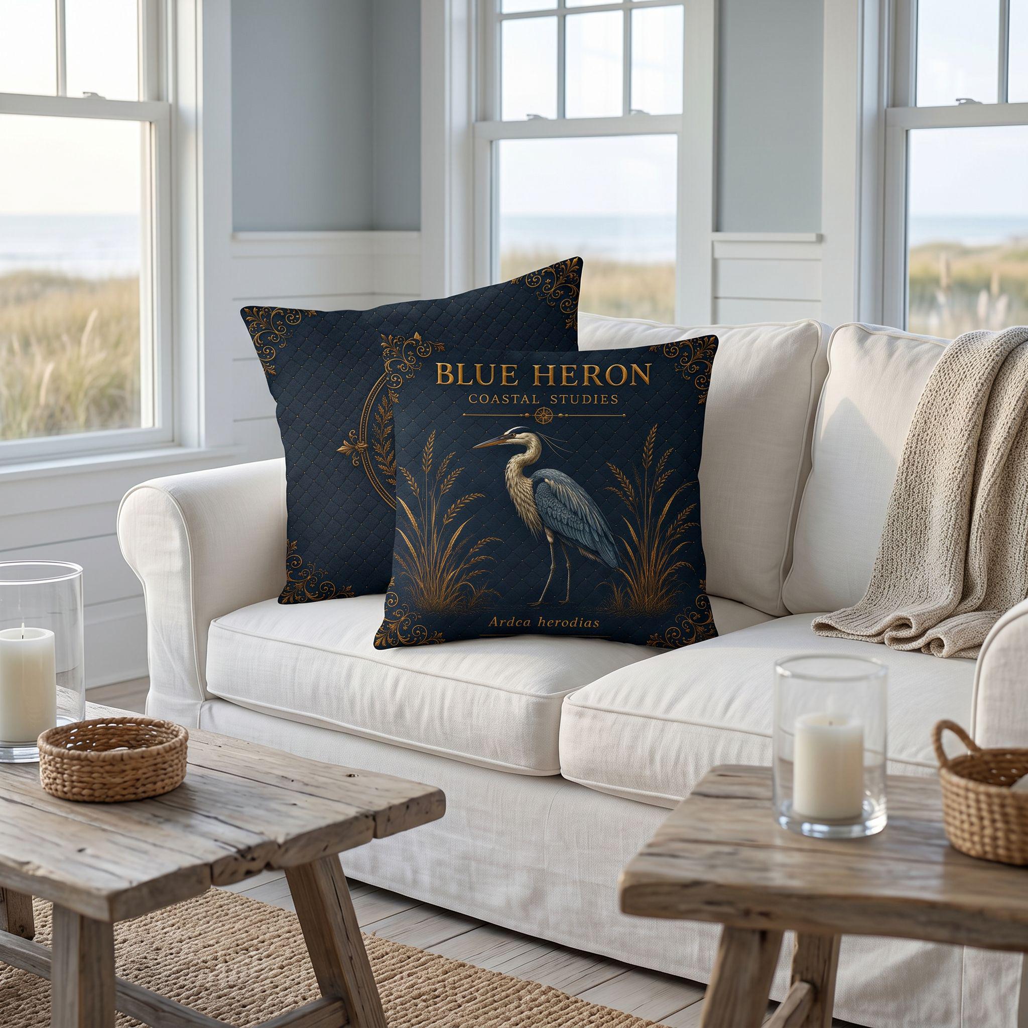 Blue Heron Coastal Pillow, Nautical Throw Pillow, Navy Coastal Cushion, Beach House & Lake House Decor, Coastal Grandma Style