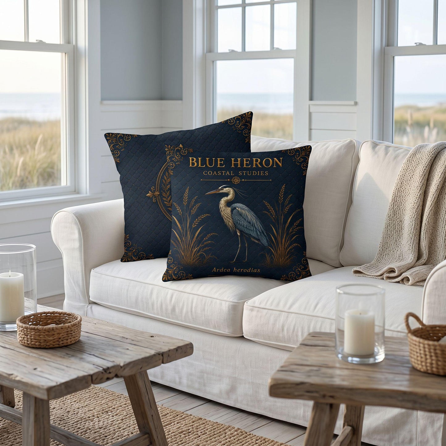 Blue Heron Coastal Pillow, Nautical Throw Pillow, Navy Coastal Cushion, Beach House & Lake House Decor, Coastal Grandma Style