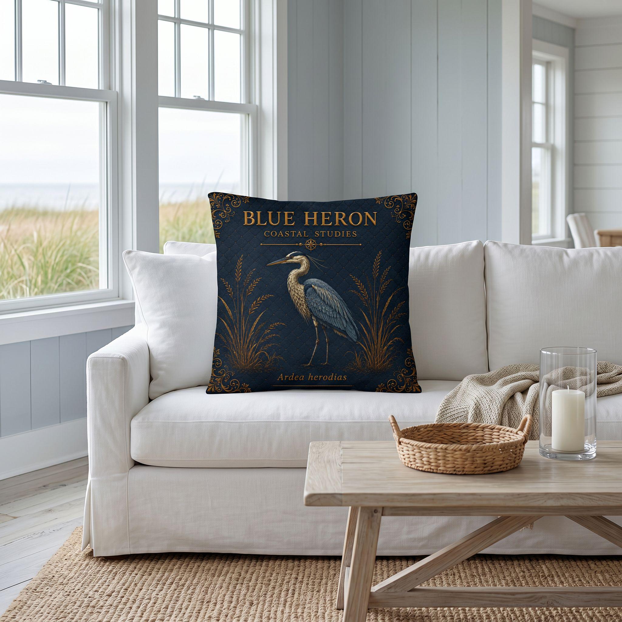 Blue Heron Coastal Pillow, Nautical Throw Pillow, Navy Coastal Cushion, Beach House & Lake House Decor, Coastal Grandma Style