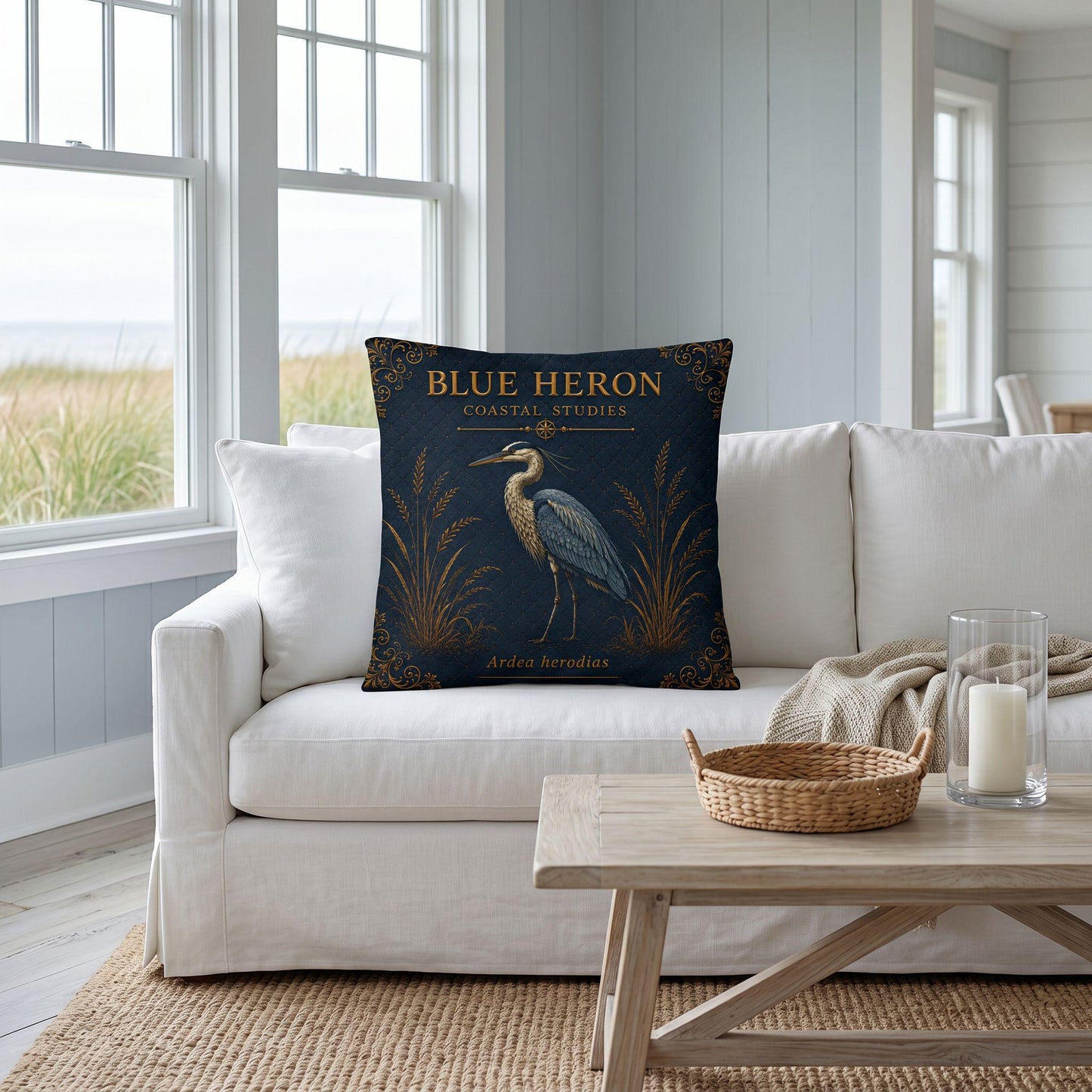 Blue Heron Coastal Pillow, Nautical Throw Pillow, Navy Coastal Cushion, Beach House & Lake House Decor, Coastal Grandma Style