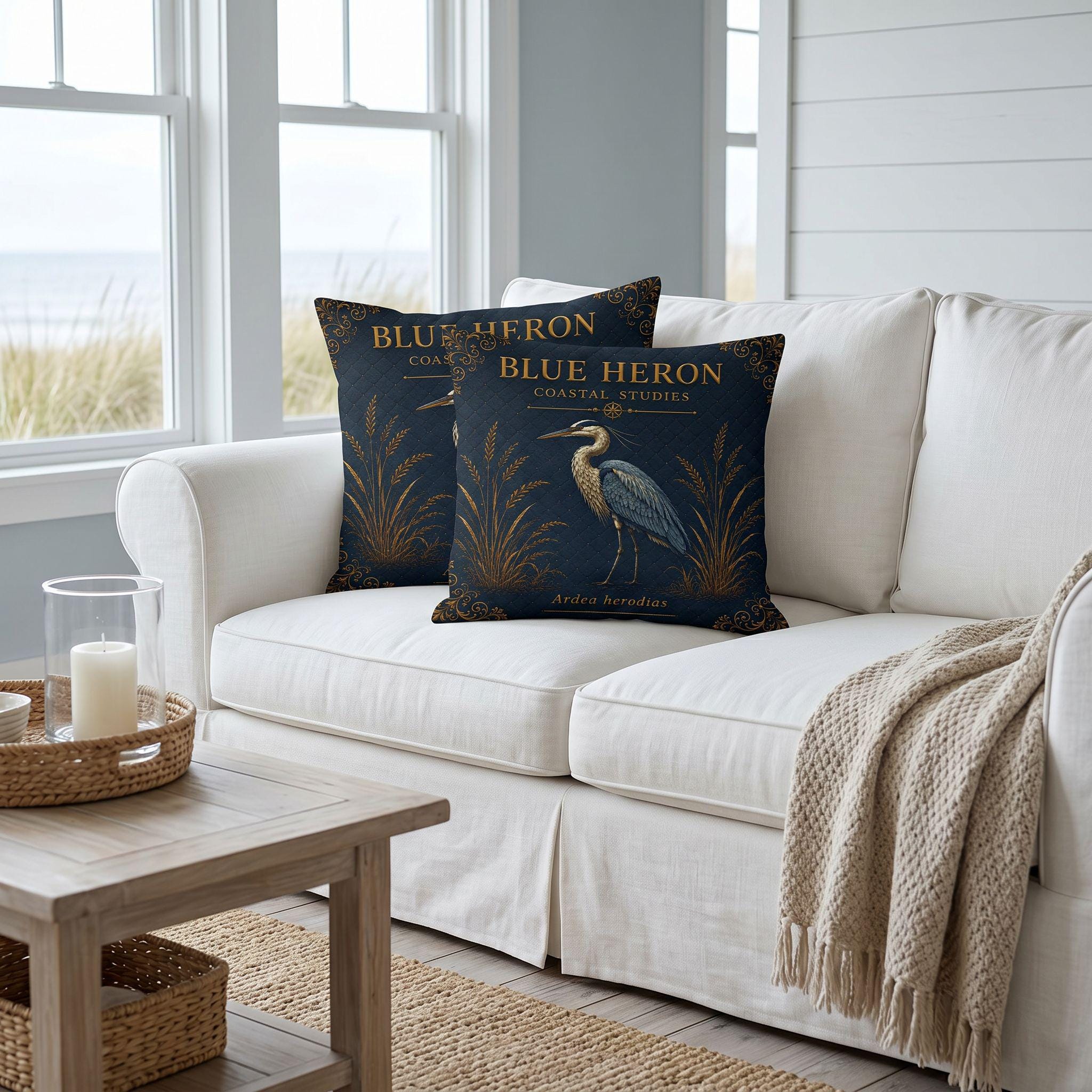 Blue Heron Coastal Pillow, Nautical Throw Pillow, Navy Coastal Cushion, Beach House & Lake House Decor, Coastal Grandma Style
