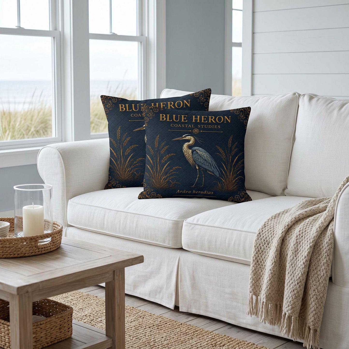 Blue Heron Coastal Pillow, Nautical Throw Pillow, Navy Coastal Cushion, Beach House & Lake House Decor, Coastal Grandma Style