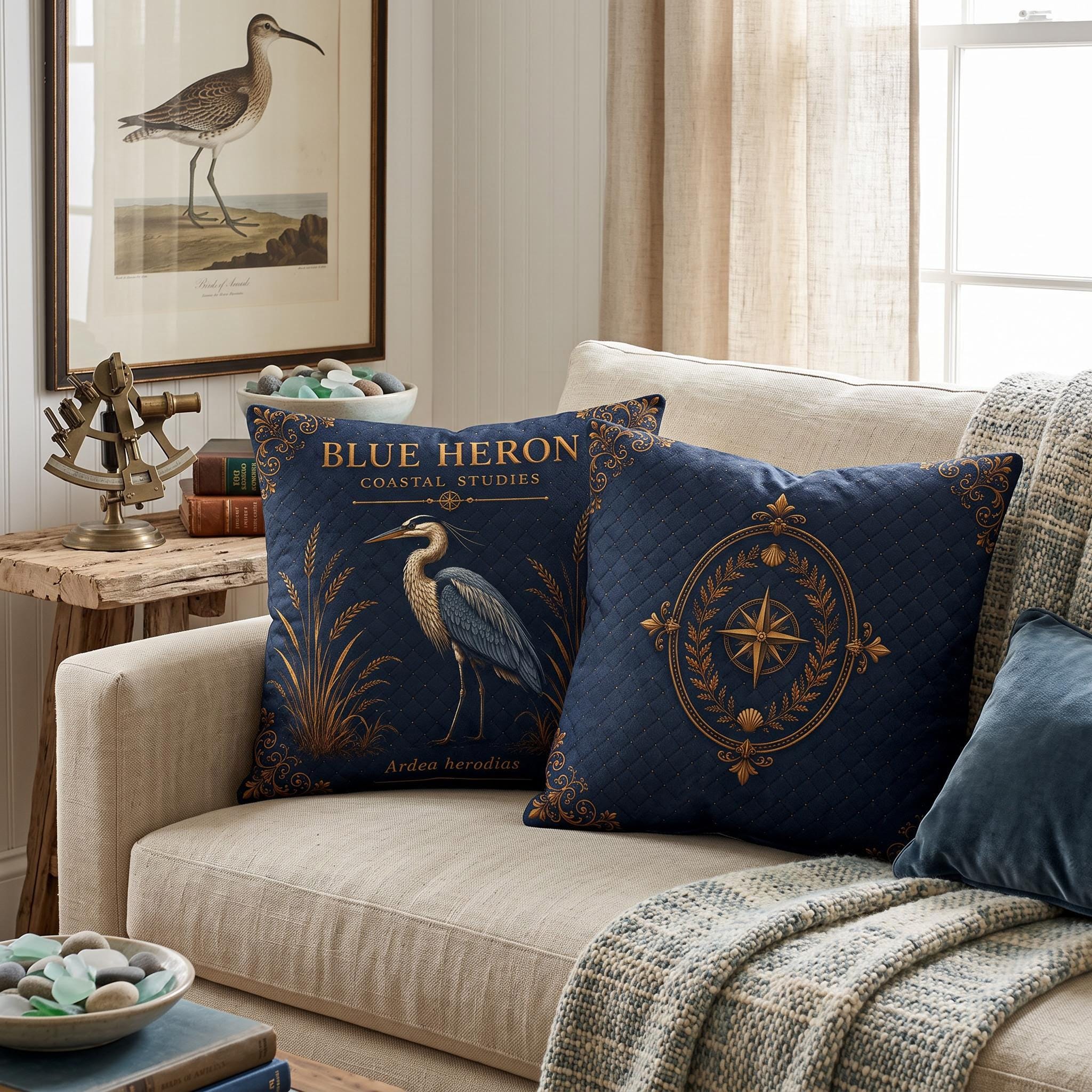Blue Heron Coastal Pillow, Nautical Throw Pillow, Navy Coastal Cushion, Beach House & Lake House Decor, Coastal Grandma Style