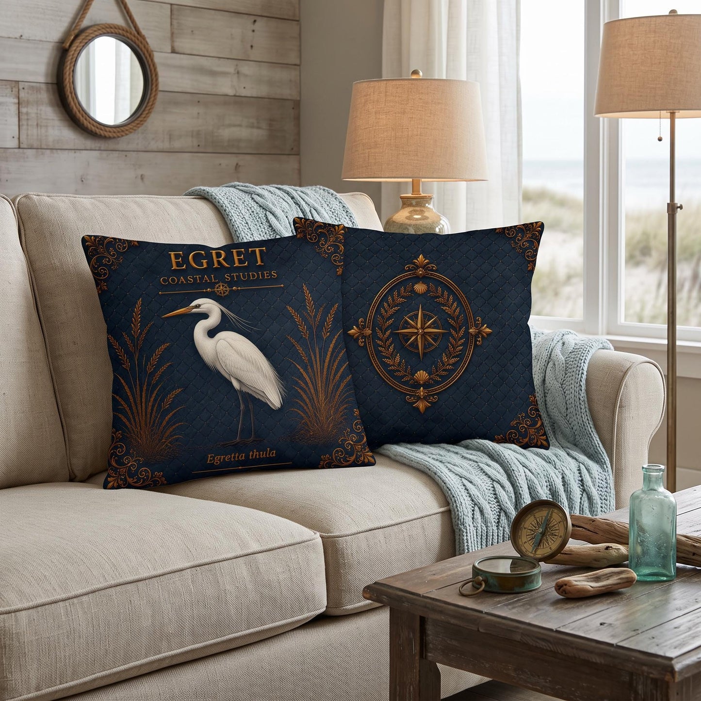 Egret Coastal Pillow, Nautical Throw Pillow, Navy Coastal Cushion, Beach House & Lake House Decor, Coastal Grandma Style