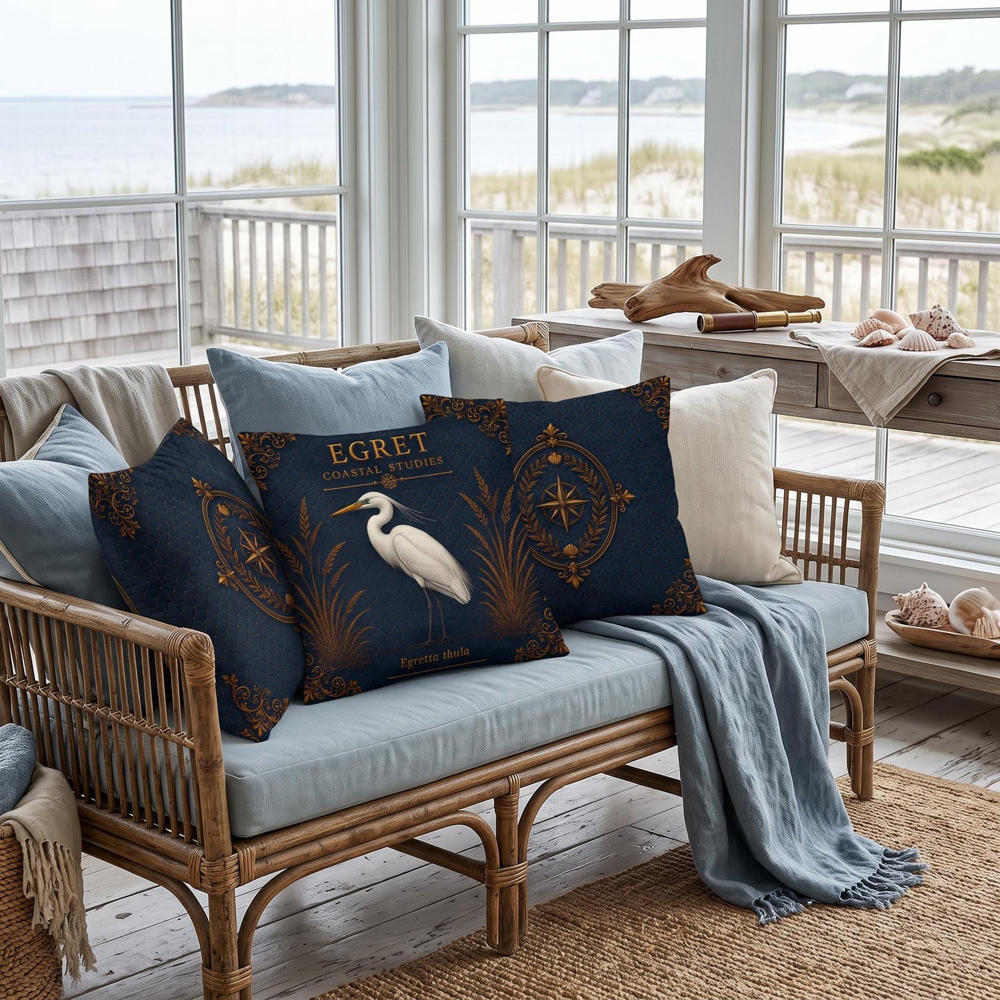 Egret Coastal Pillow, Nautical Throw Pillow, Navy Coastal Cushion, Beach House & Lake House Decor, Coastal Grandma Style