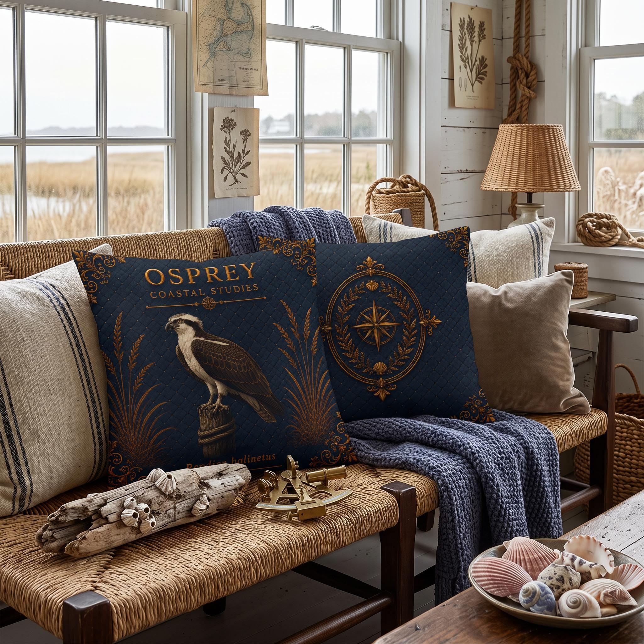 Osprey Coastal Pillow, Nautical Throw Pillow, Navy Coastal Cushion, Beach House & Lake House Decor, Coastal Grandma Style