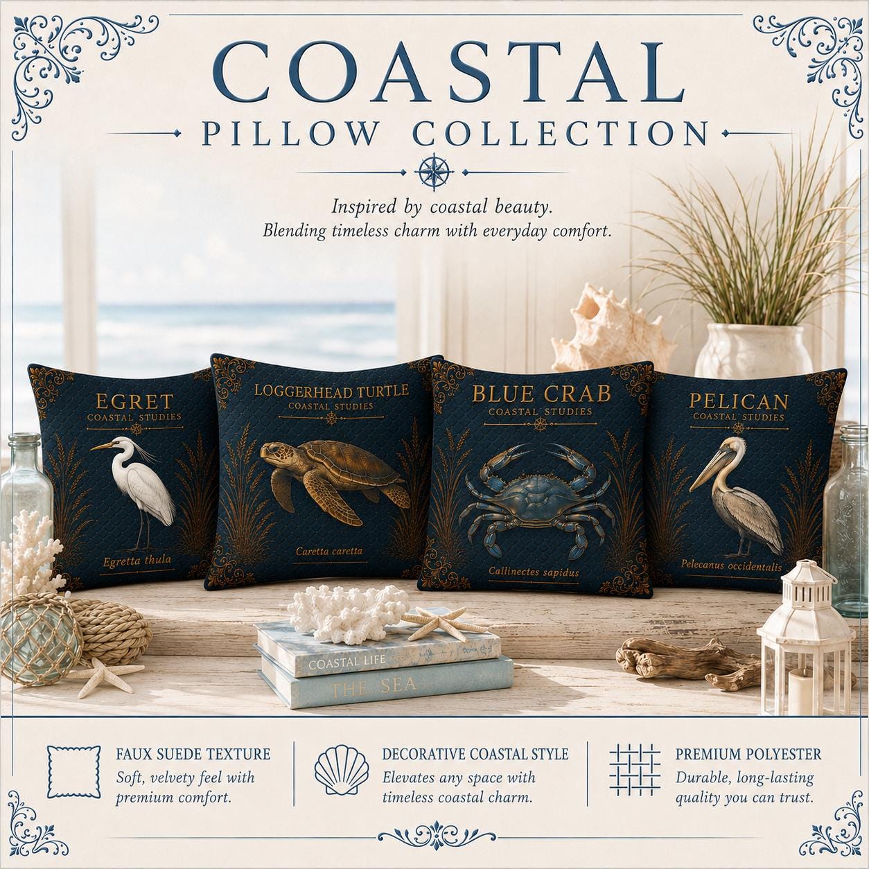 Osprey Coastal Pillow, Nautical Throw Pillow, Navy Coastal Cushion, Beach House & Lake House Decor, Coastal Grandma Style