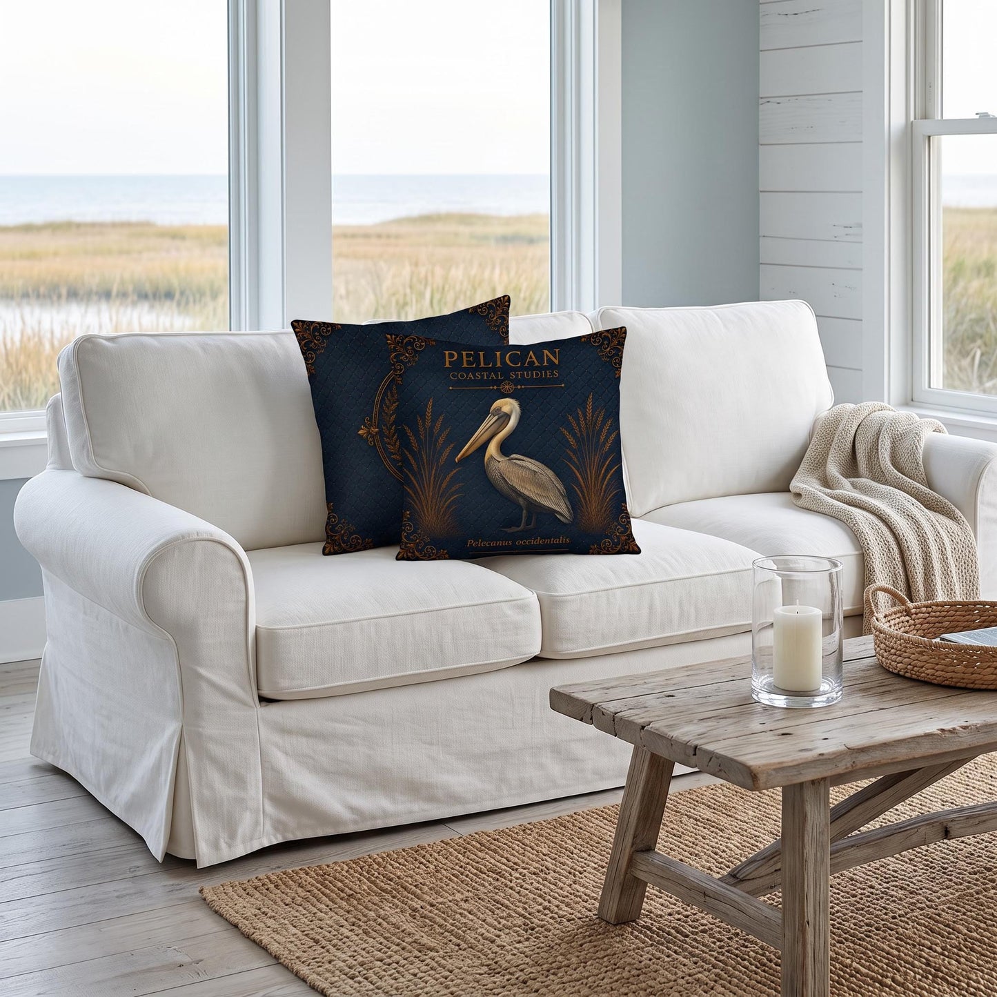 Pelican Coastal Pillow, Nautical Throw Pillow, Navy Coastal Cushion, Beach House & Lake House Decor, Coastal Grandma Style