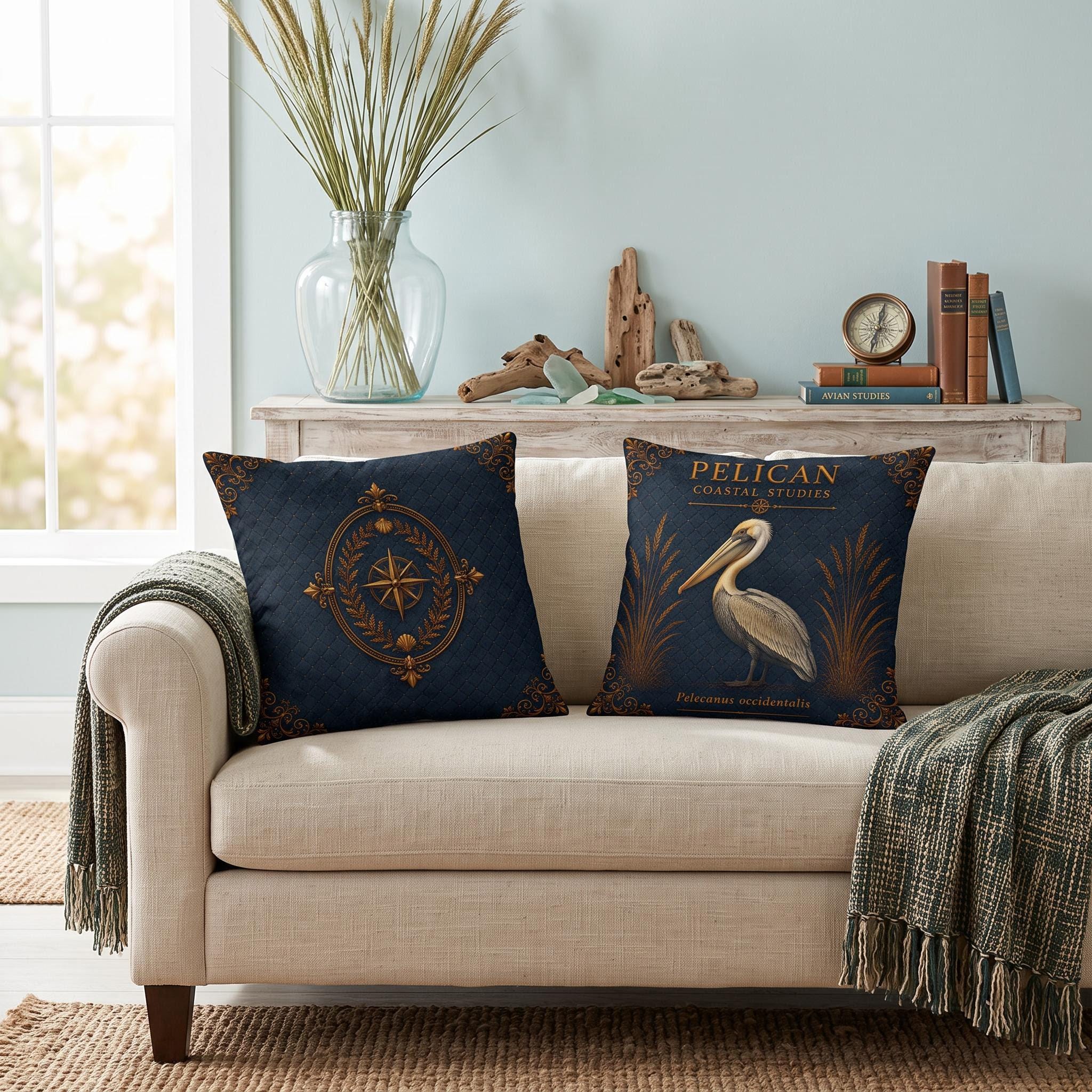 Pelican Coastal Pillow, Nautical Throw Pillow, Navy Coastal Cushion, Beach House & Lake House Decor, Coastal Grandma Style
