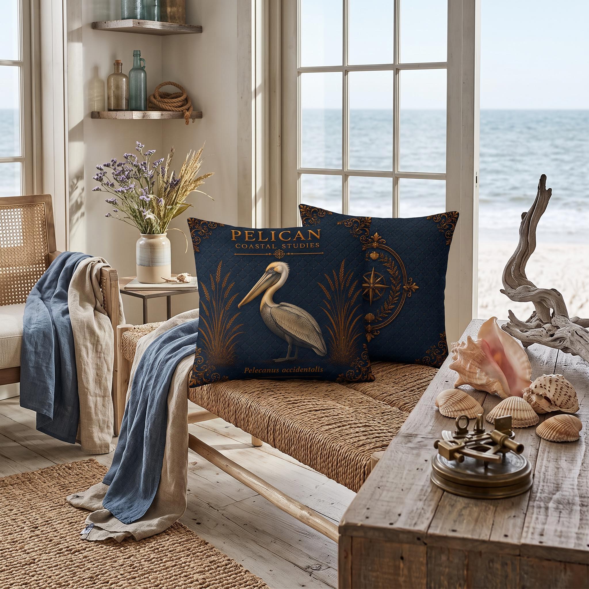 Pelican Coastal Pillow, Nautical Throw Pillow, Navy Coastal Cushion, Beach House & Lake House Decor, Coastal Grandma Style