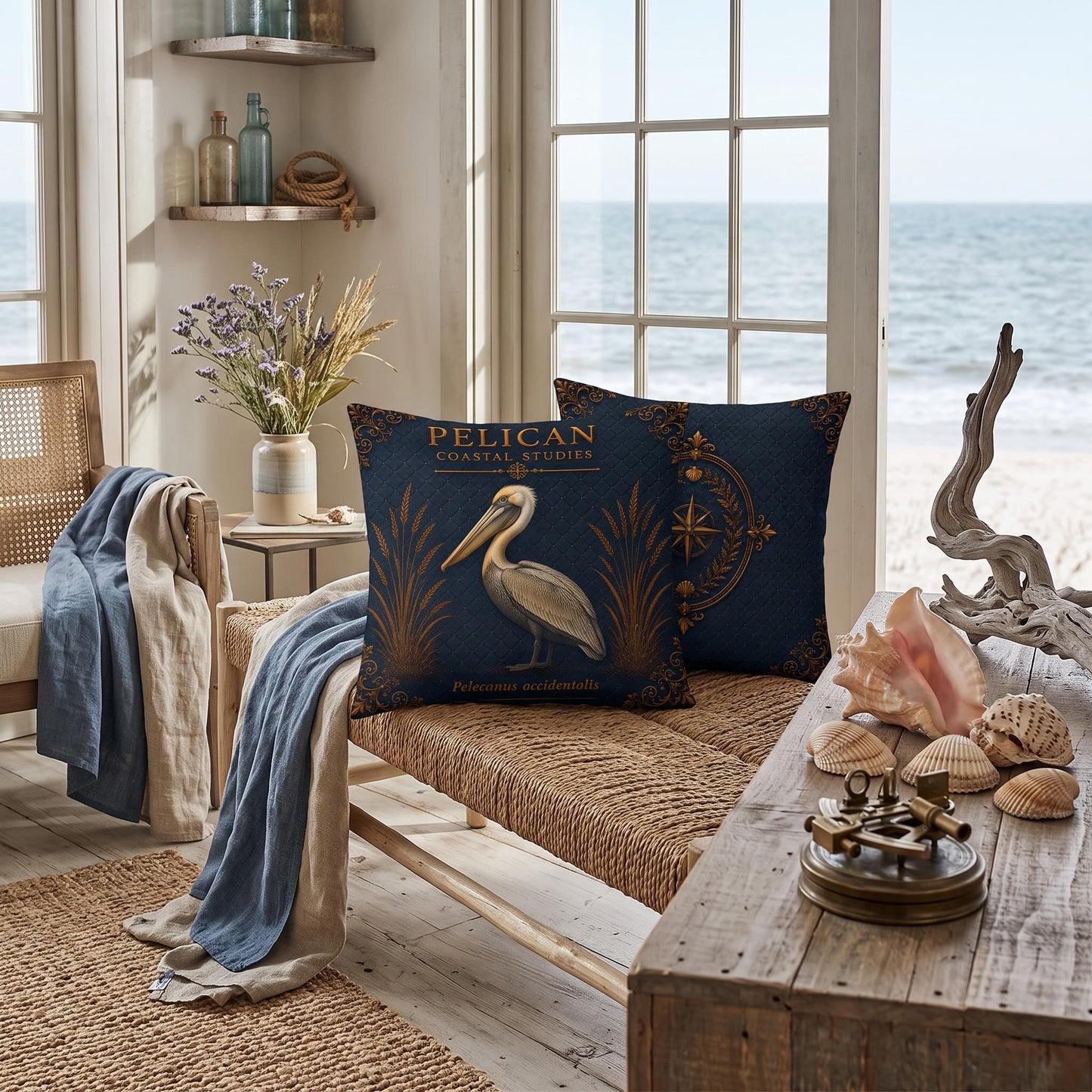 Pelican Coastal Pillow, Nautical Throw Pillow, Navy Coastal Cushion, Beach House & Lake House Decor, Coastal Grandma Style